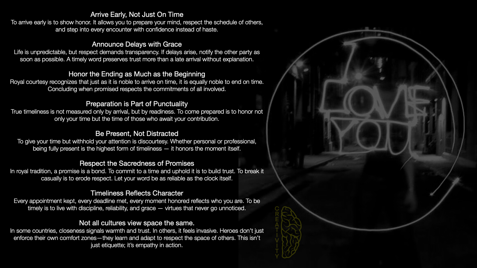 Wall with the message "Love You" in neon lights, surrounded by dark hallway.