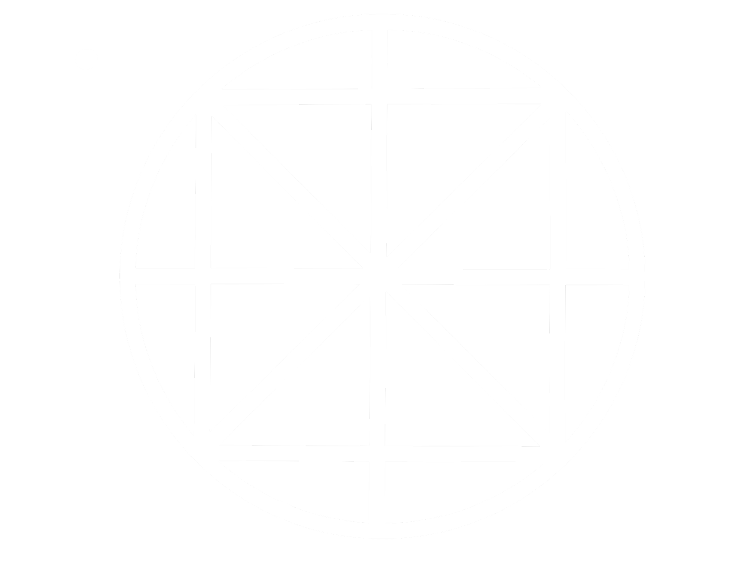 Black background with a white geometric design inside a circle, consisting of intersecting lines forming triangles and rectangles.