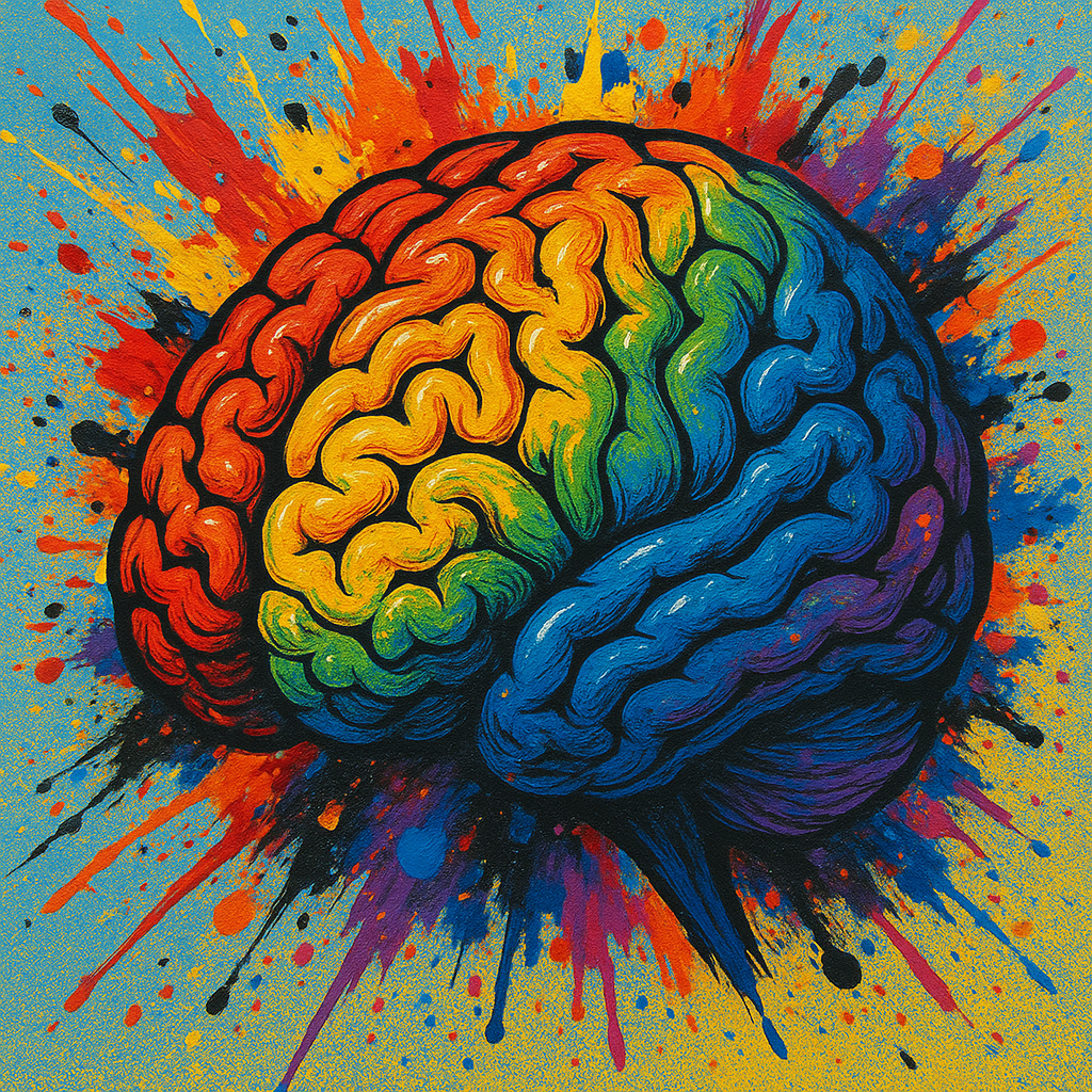 A colorful, artistic painting of a human brain divided into sections painted in rainbow colors, with a splash of vibrant paint splatters in the background.