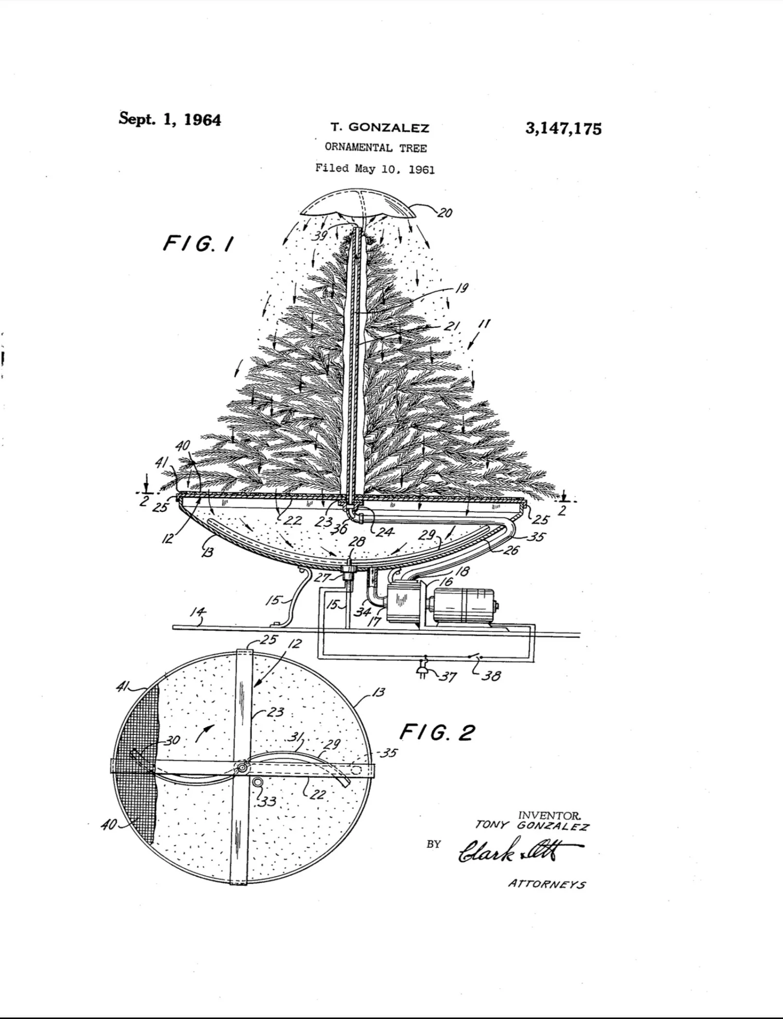 Patent diagram of an ornamental Christmas tree with lights and electrical components, filed in 1961 by Tony Gonzalez, with detailed illustrations of the tree structure and wiring.