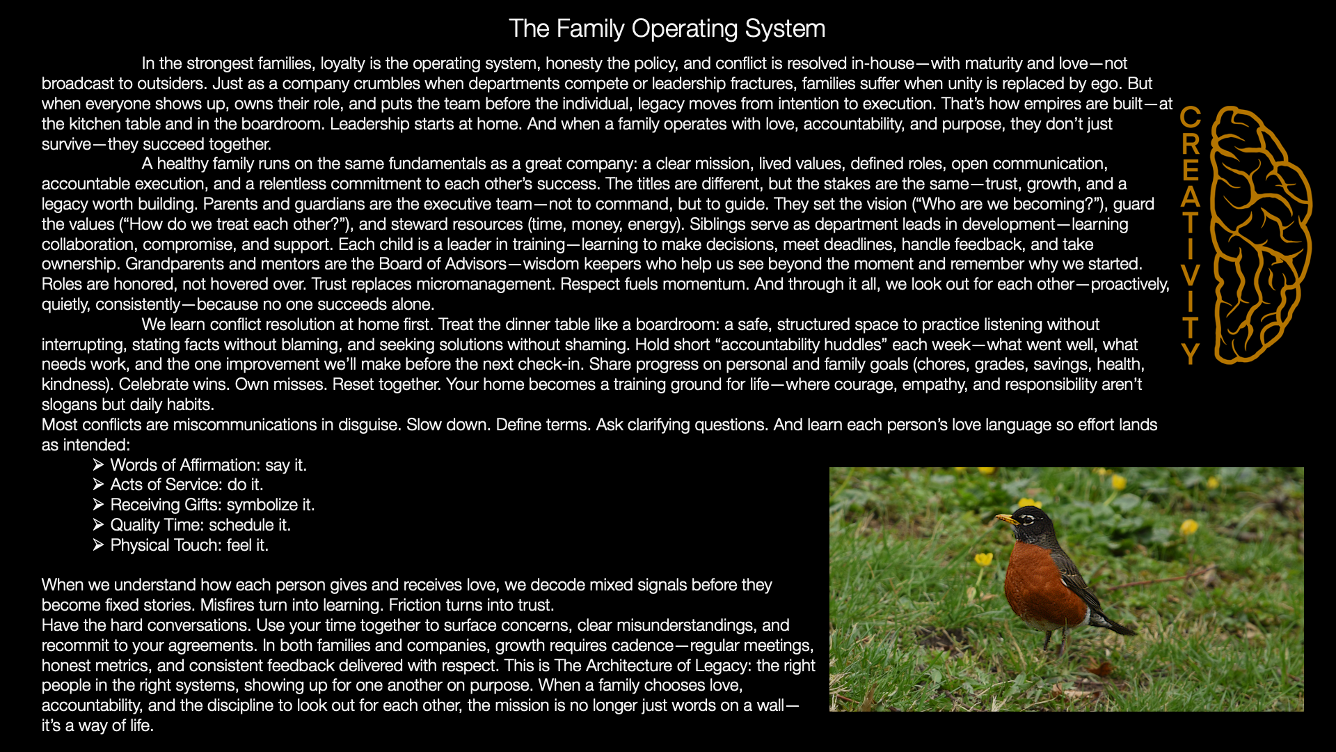 An informational graphic titled "The Family Operating System" with an illustration of a yellow outline of a human brain and the word "CREATIVITY" vertically aligned on the right side. The image includes a paragraph of text about family values, leadership, conflict resolution, and love. At the bottom right, there is a photo of a bird standing on green grass with small yellow flowers, surrounded by blurred green foliage.