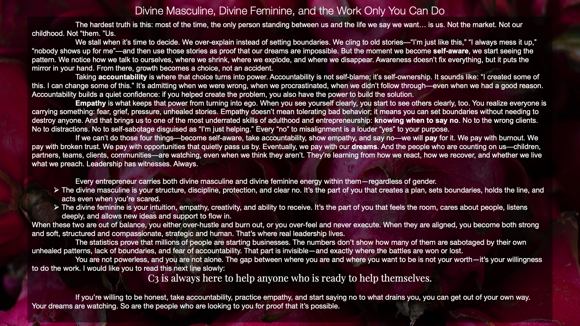 A motivational text overlay on a background of rose petals. The text discusses divine masculine and feminine energy, accountability, empathy, leadership, entrepreneurship, and self-awareness.
