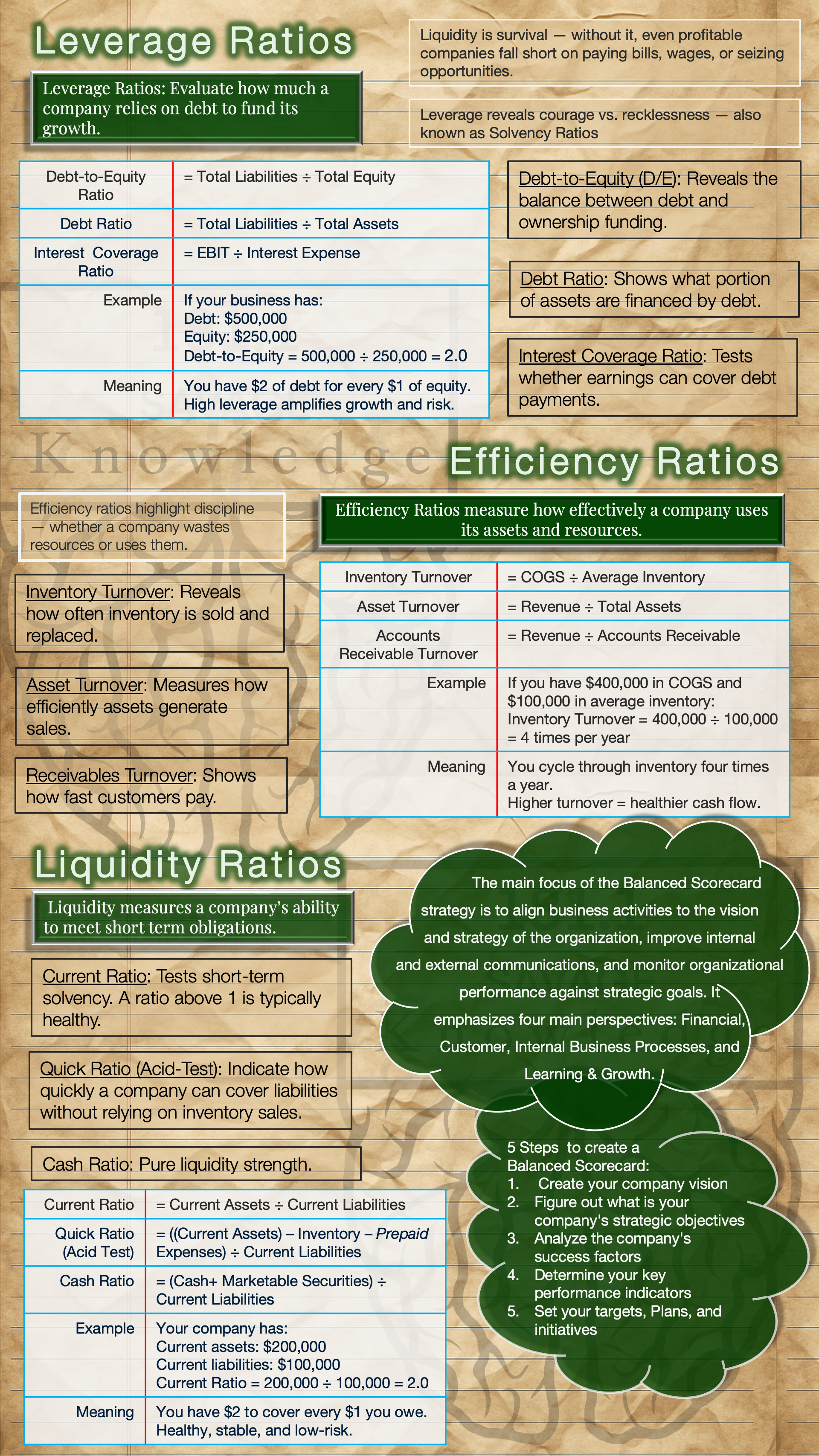 An infographic explaining financial ratios including leverage, efficiency, and liquidity ratios, with definitions, formulas, examples, and benefits for company analysis.
