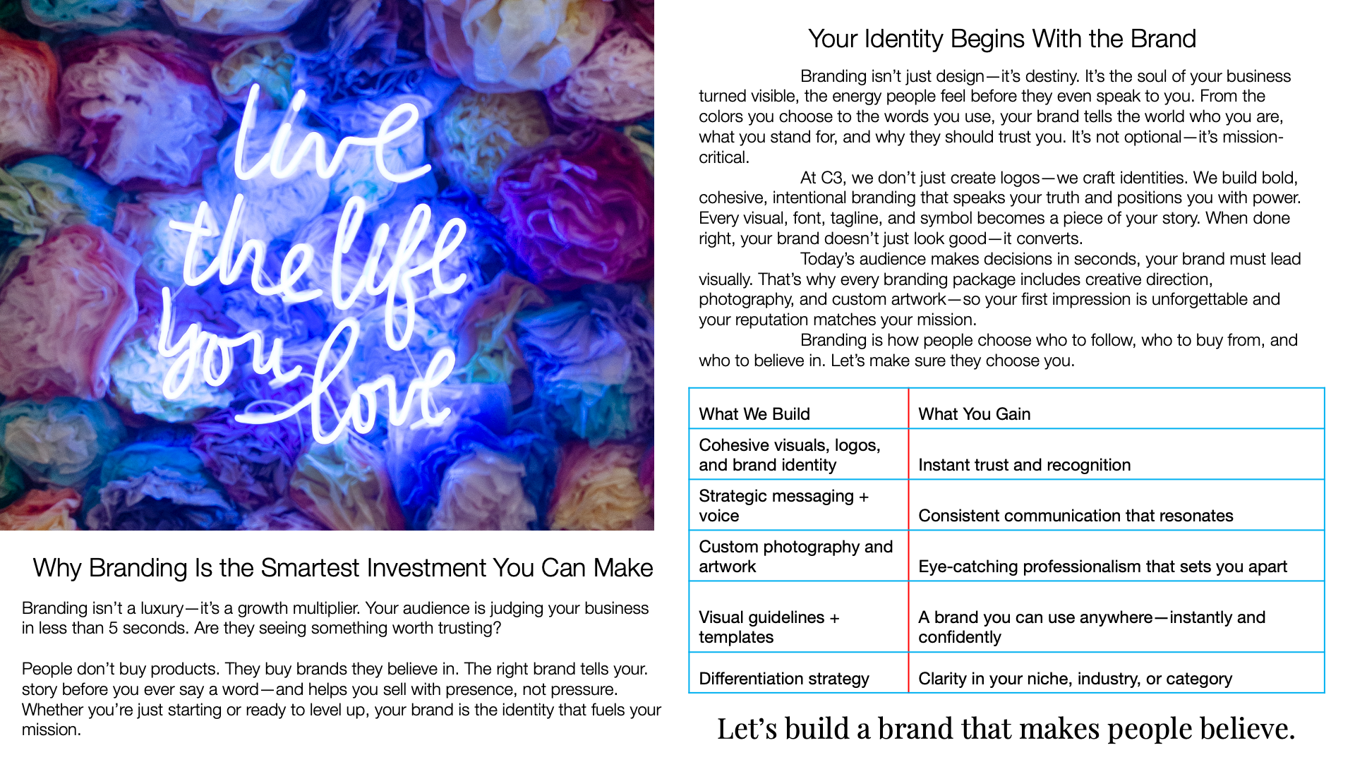 A colorful background of crumpled tissue paper with a neon sign that reads 'live the life you love.' On the right, there is text about branding and visual identity, including headings, paragraphs, and a comparison table with blue borders showing what is built versus what is gained.
