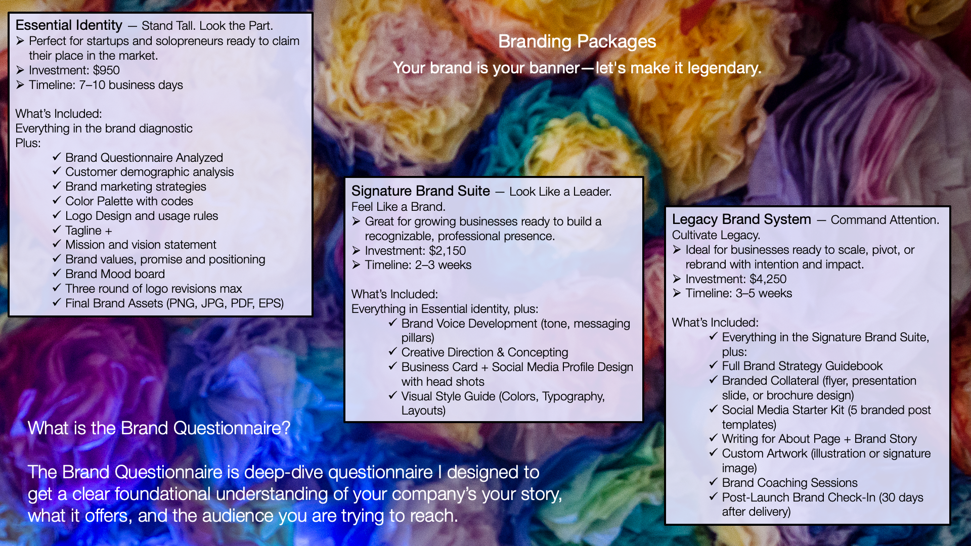 A colorful background with three overlayed text boxes detailing branding package options: Essential Identity, Signature Brand Suite, and Legacy Brand System, each describing their features, investment costs, and timelines.