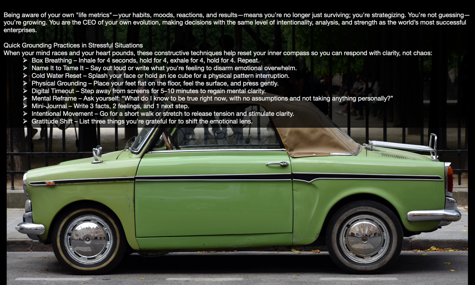Green vintage convertible car parked on the street with an informational overlay about stress relief techniques and self-awareness practices.