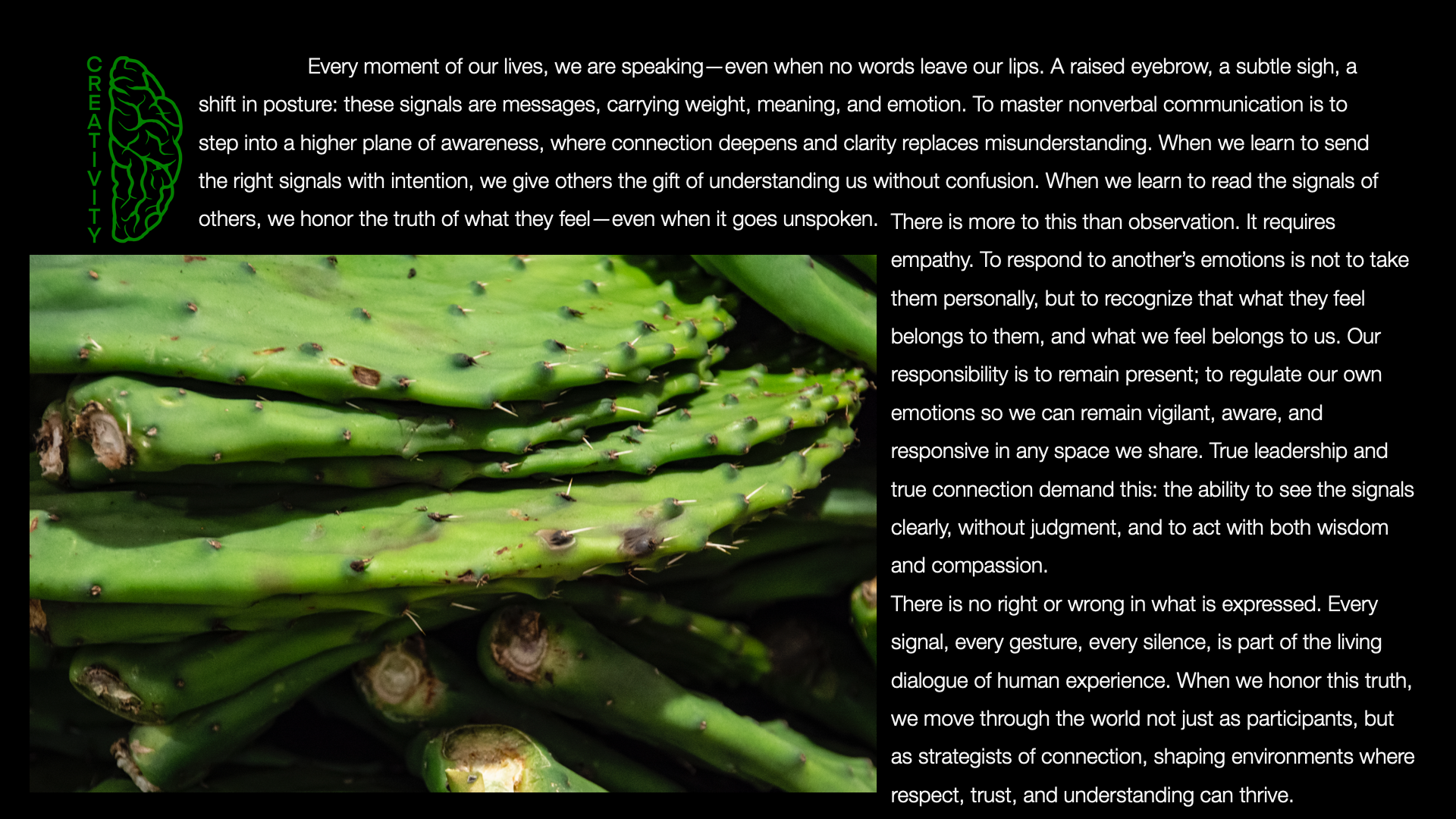 Close-up image of fresh green asparagus spears with a block of text about nonverbal communication, connection, and emotional awareness overlaid on the right side.