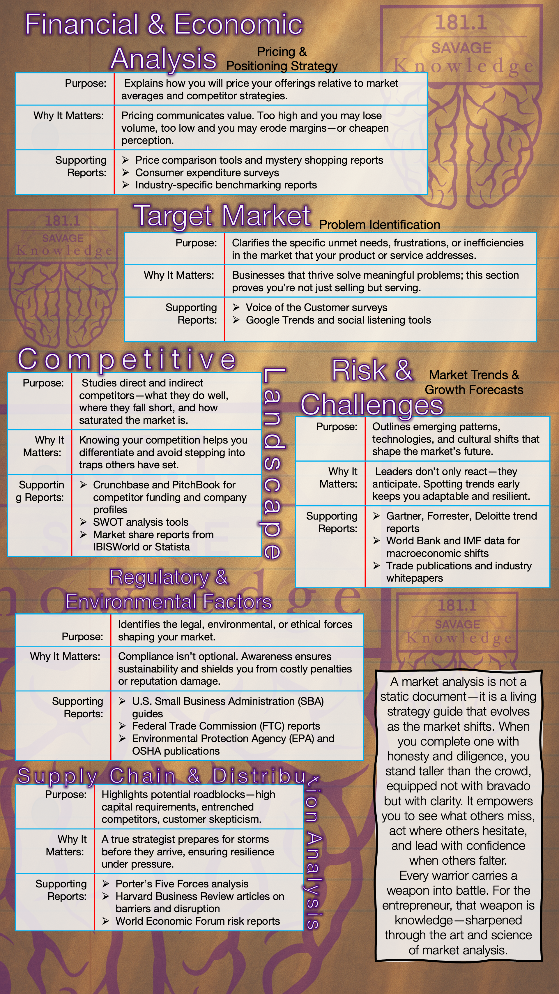 A comprehensive infographic about financial and economic analysis, detailing elements such as target market, competitive landscape, risk and challenges, regulatory and environmental factors, and supply chain analysis, with supporting reports and strategies for market analysis.