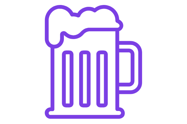 Outline of a purple beer mug with foam on top, on a black background.