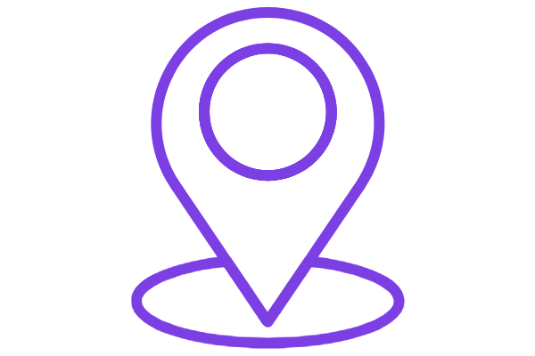 Purple outlined location pin icon with a circular base on a black background.