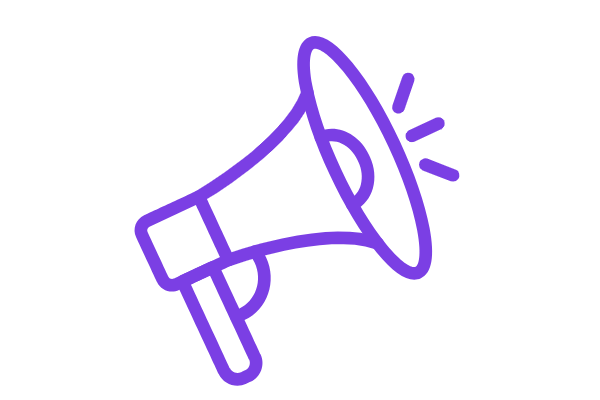 Purple outline of a loudspeaker or megaphone with sound waves emanating from it.