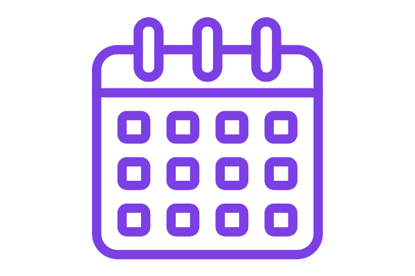 Purple outline of a calendar icon on a black background.