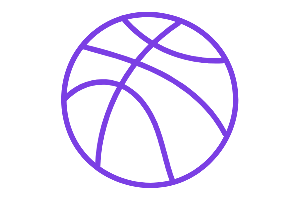 A purple basketball logo with a wireframe design on a black background.