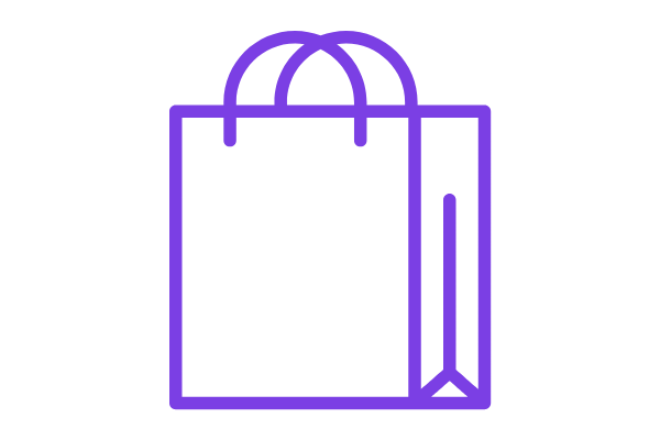 A purple outline of a shopping bag with handles and a receipt or paper sticking out from the side.