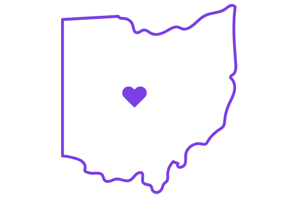 Outline of the state of Ohio with a purple heart in the center.