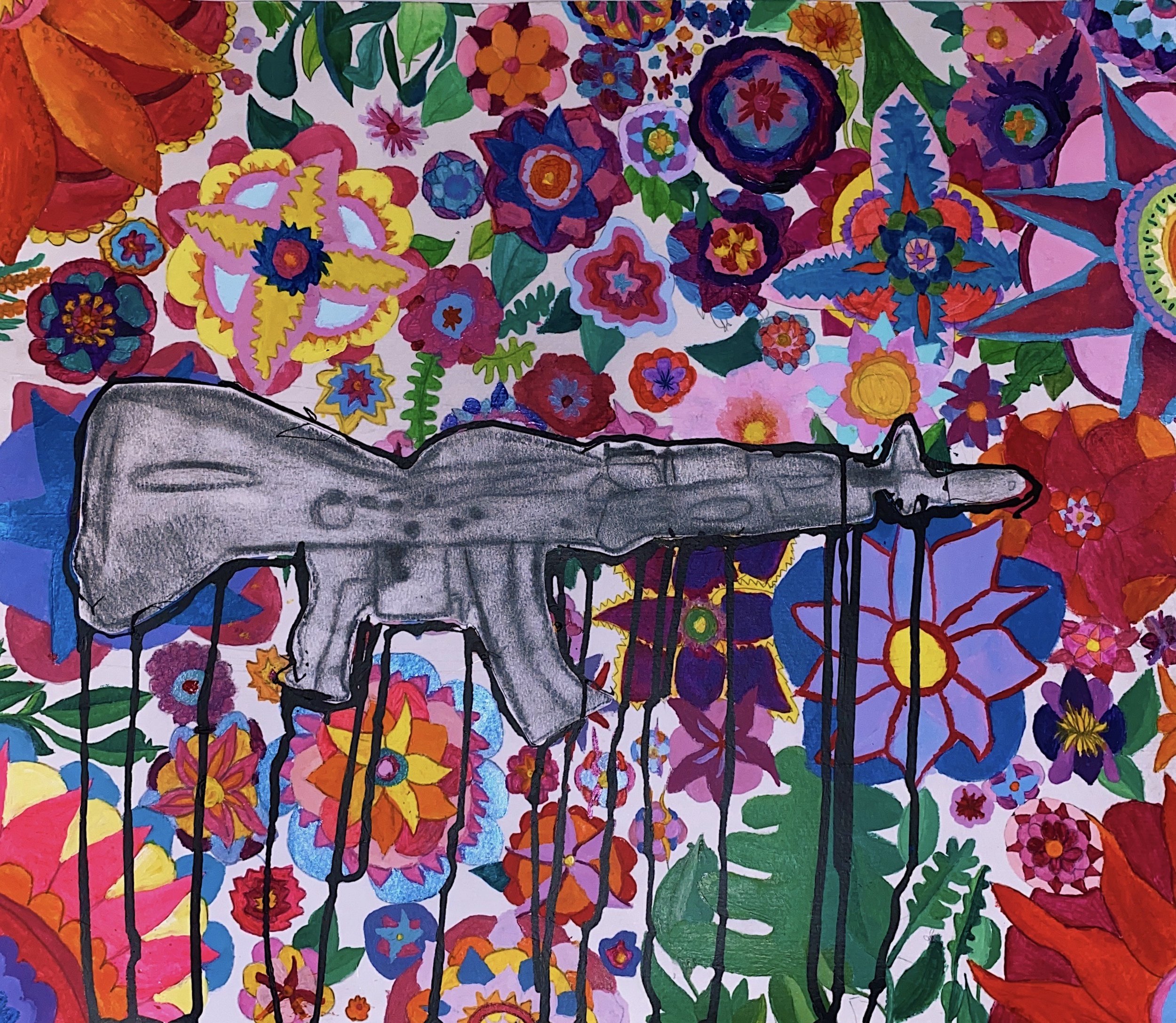 charcoal gun on acrylic flowers with ink drops