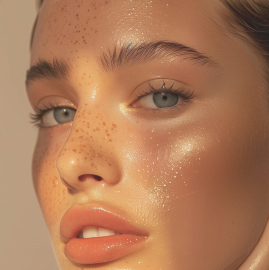 Close-up of a woman's face with light makeup, freckles, and shimmering highlights on her skin, focusing on her eyes, nose, and lips.