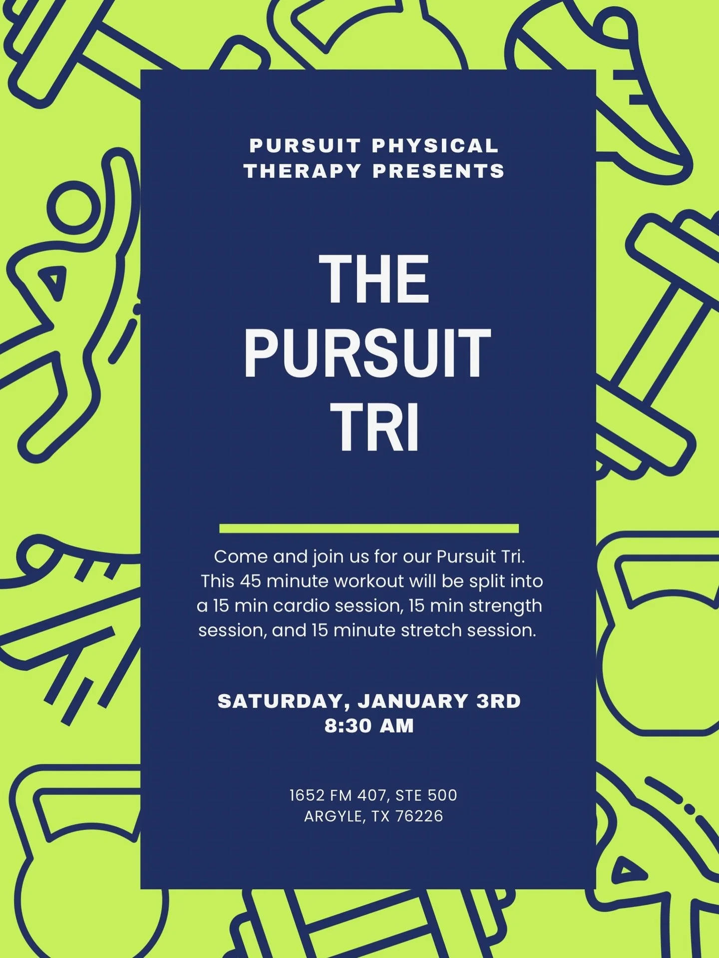 Kick off 2026 the Pursuit TRI way!

Grab a few of your best friends, put your new shoes to the test! 

A 45 minute workout with a mix of cardio, strength and stretch, this will push you out of your comfort zone and get you feeling awesome! 

See you 