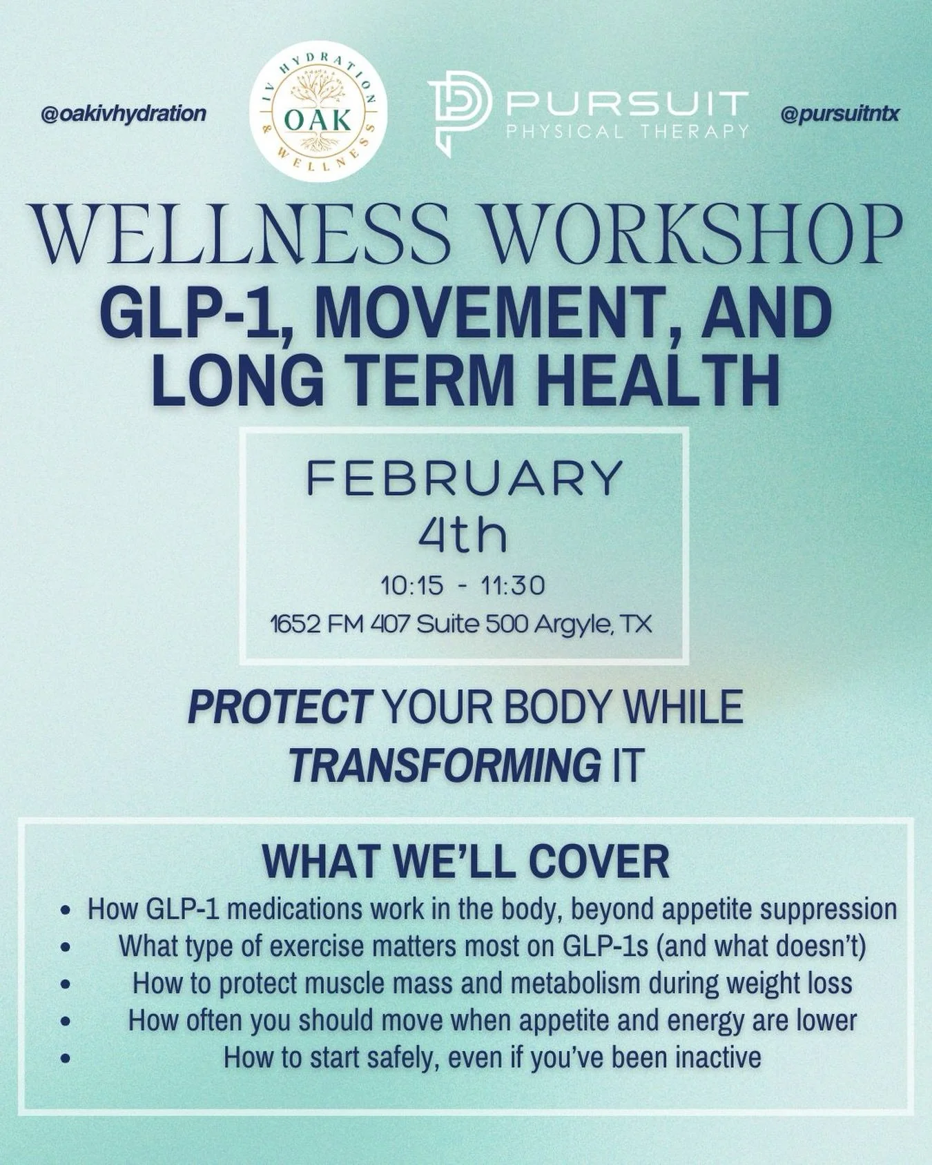 Join us for our 1st Wellness Workshop of the year as @oakivhydration does a deep dive in the uses, benefits and best practices of GLP-1 medication and Pursuit talks about how to maintain muscle mass, avoid physical injury and get the most out of thes