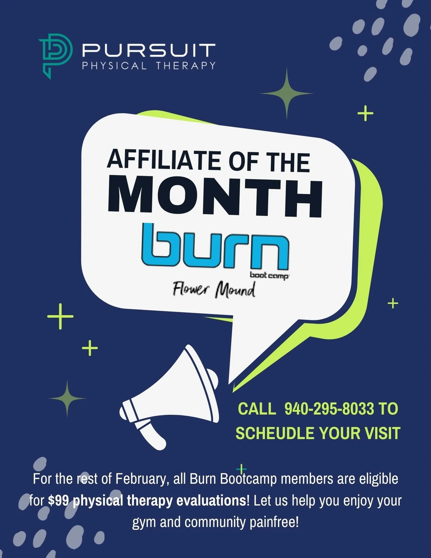 🔥 AFFILIATE OF THE MONTH 🔥

We&rsquo;re excited to highlight Burn Boot Camp &ndash; Flower Mound as our February Affiliate of the Month! 💪

For the rest of February, all Burn members are eligible for a $99 Physical Therapy Evaluation at Pursuit PT