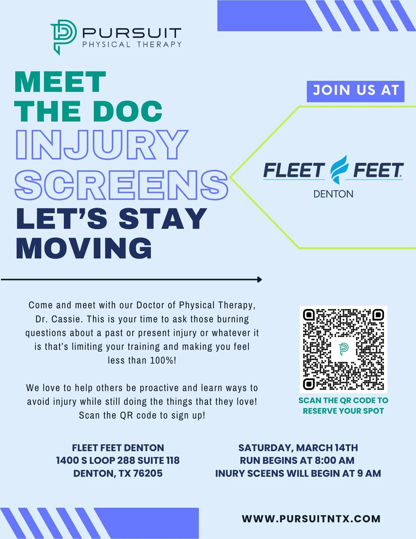 Run. Ask. Learn. Stay moving. 🏃&zwj;♂️

Join Dr. Cassie from Pursuit Physical Therapy for free injury screens after the Saturday group run at Fleet Feet Denton.

Got a nagging pain or training question?
This is your chance to talk to a PT and get ah