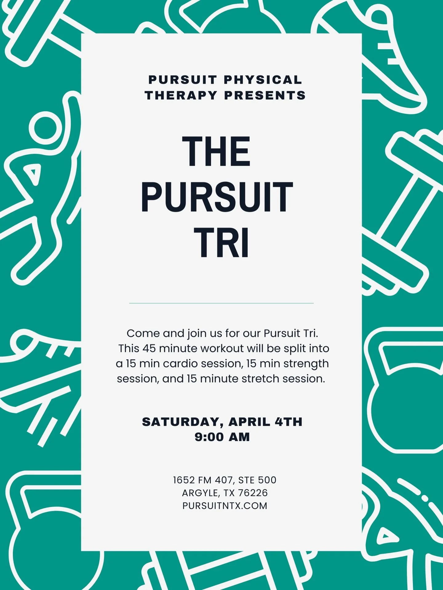 Join us Saturday April 4th for another sweaty edition of our community favorite workout! 

1 part strength, 1 part cardio, 1 part stretch = the perfect start to your weekend! 

Kids welcome!  This is meant to be family friendly!