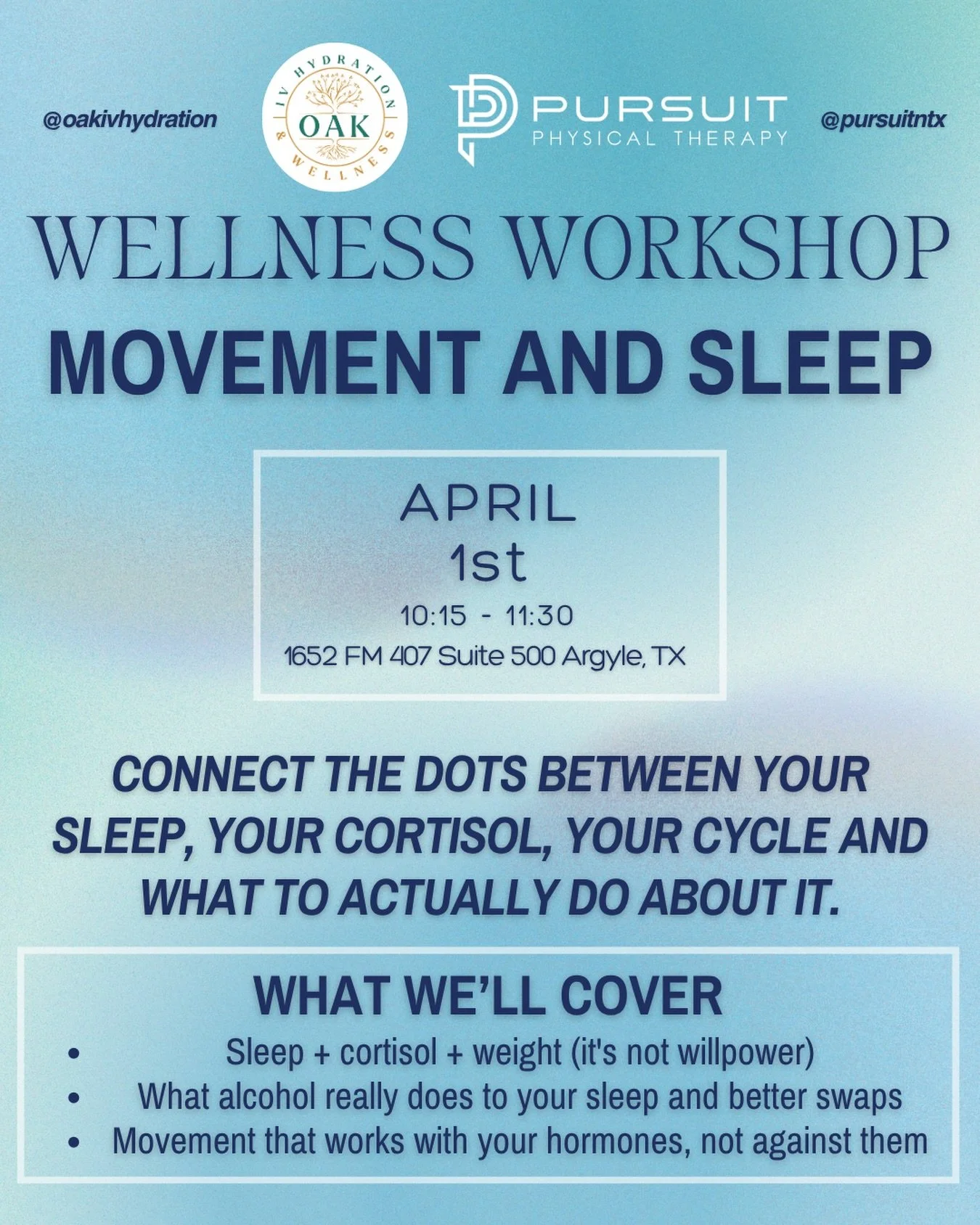 Struggling with sleep, stress, or feeling like your workouts aren&rsquo;t working?

Join us April 1st for a simple, practical workshop on movement and sleep. We&rsquo;ll break down how sleep, cortisol, and your cycle all connect and what you can actu