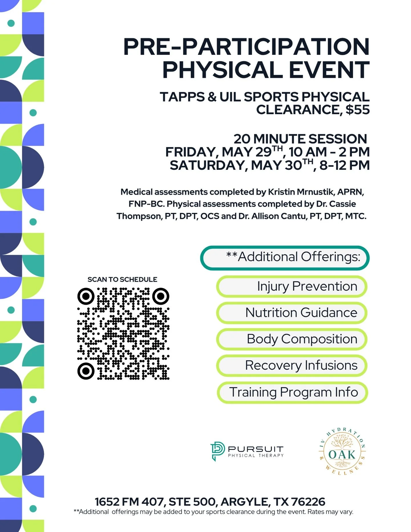 Sports season is around the corner&mdash;don&rsquo;t wait until the last minute to get cleared.

Join us for Pre-Participation Physicals:
✔️ TAPPS &amp; UIL compliant
✔️ 20-minute sessions
✔️ $55

Plus access to injury prevention, nutrition guidance,