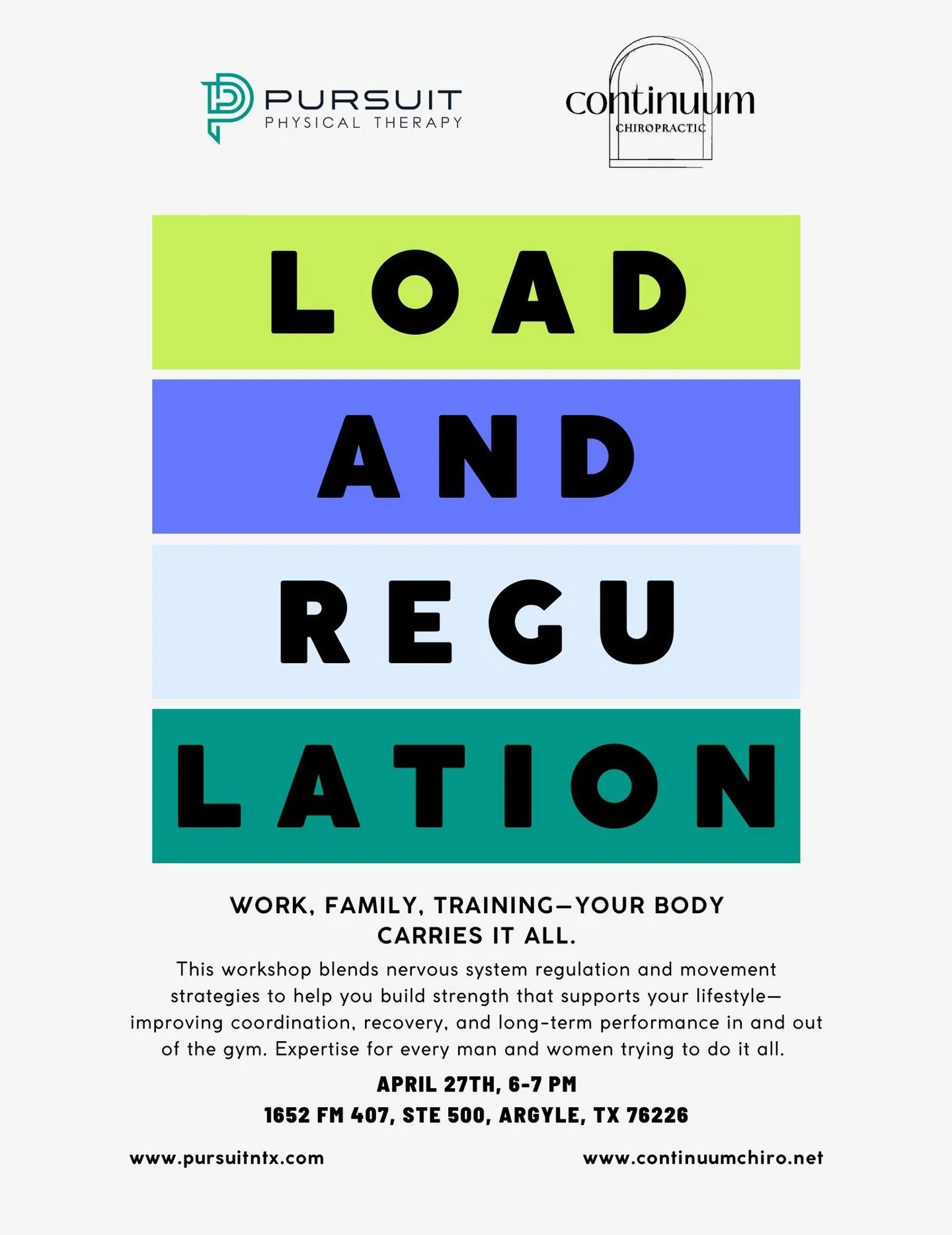 Ever wonder why your body feels tight, fatigued, or inconsistent&mdash;even when you&rsquo;re doing all the &ldquo;right&rdquo; things?

This workshop brings together a PT + Chiropractor to help you connect the dots between:
&ndash; Daily stress
&nda