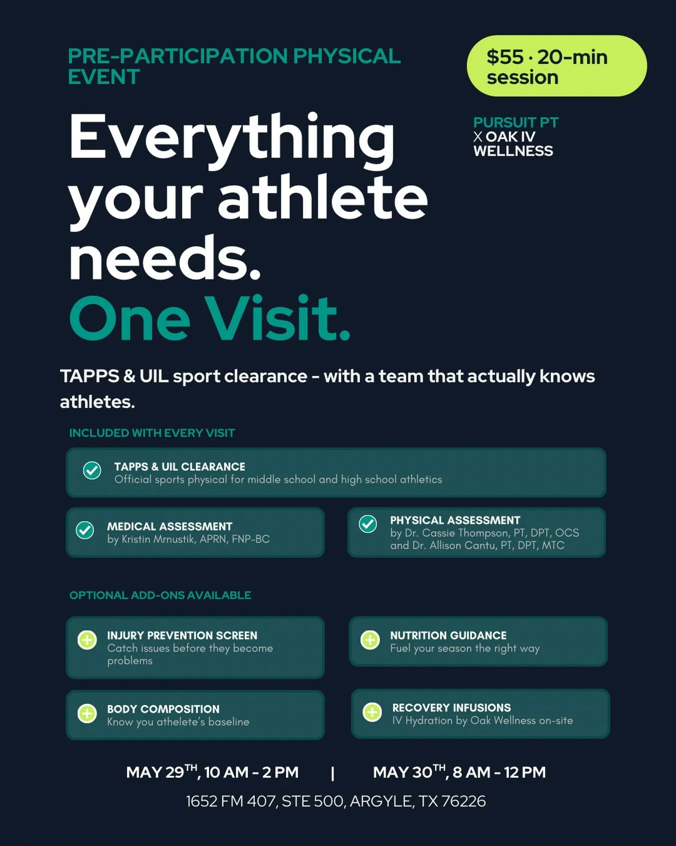 Sports season is right around the corner &mdash; and we&rsquo;re making it easier than ever to get your athlete cleared. 🏅
&nbsp;
We&rsquo;ve teamed up with @oakivhydration to host a Pre-Participation Physical Event right here at the clinic.
&nbsp;
