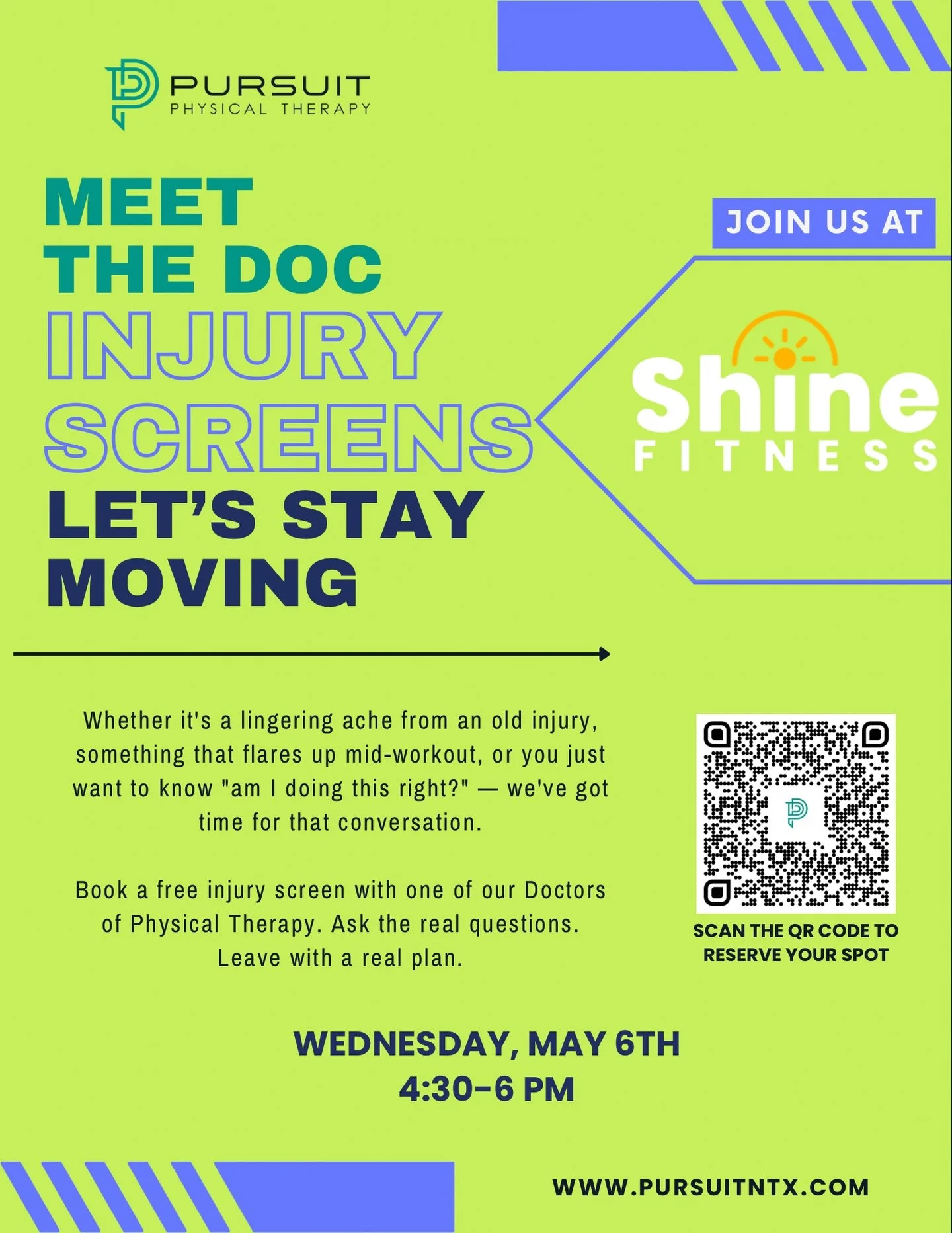 Nagging pain doesn&rsquo;t have to become your normal.

Join us at Shine Fitness for free injury screens with our Doctors of Physical Therapy. Whether it&rsquo;s an old ache, something that shows up during workouts, or you just want to know if you&rs