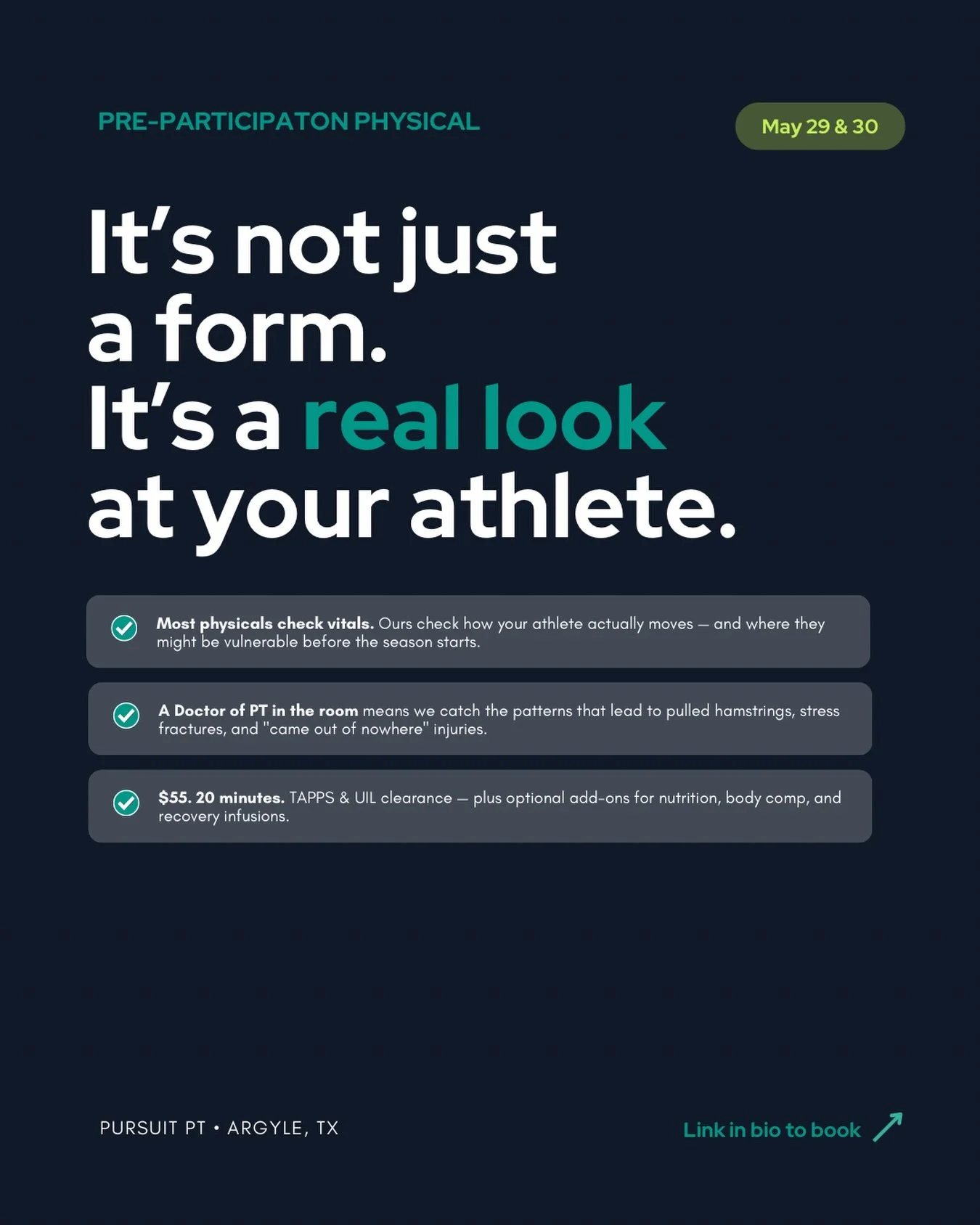 A sports physical isn&rsquo;t just a form you fill out to satisfy the school.
&nbsp;
It&rsquo;s one of the only moments before a season starts where someone actually looks at your athlete and asks: is this kid ready? Not just medically &mdash; but ph