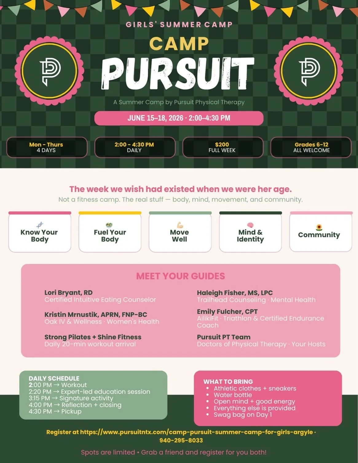 She&rsquo;s about to have the best summer of her life &mdash; and actually learn something while she&rsquo;s at it. 😏🌻

Camp Pursuit is 4 days of the real stuff nobody teaches girls &mdash; how to fuel her body, move without breaking down, protect 
