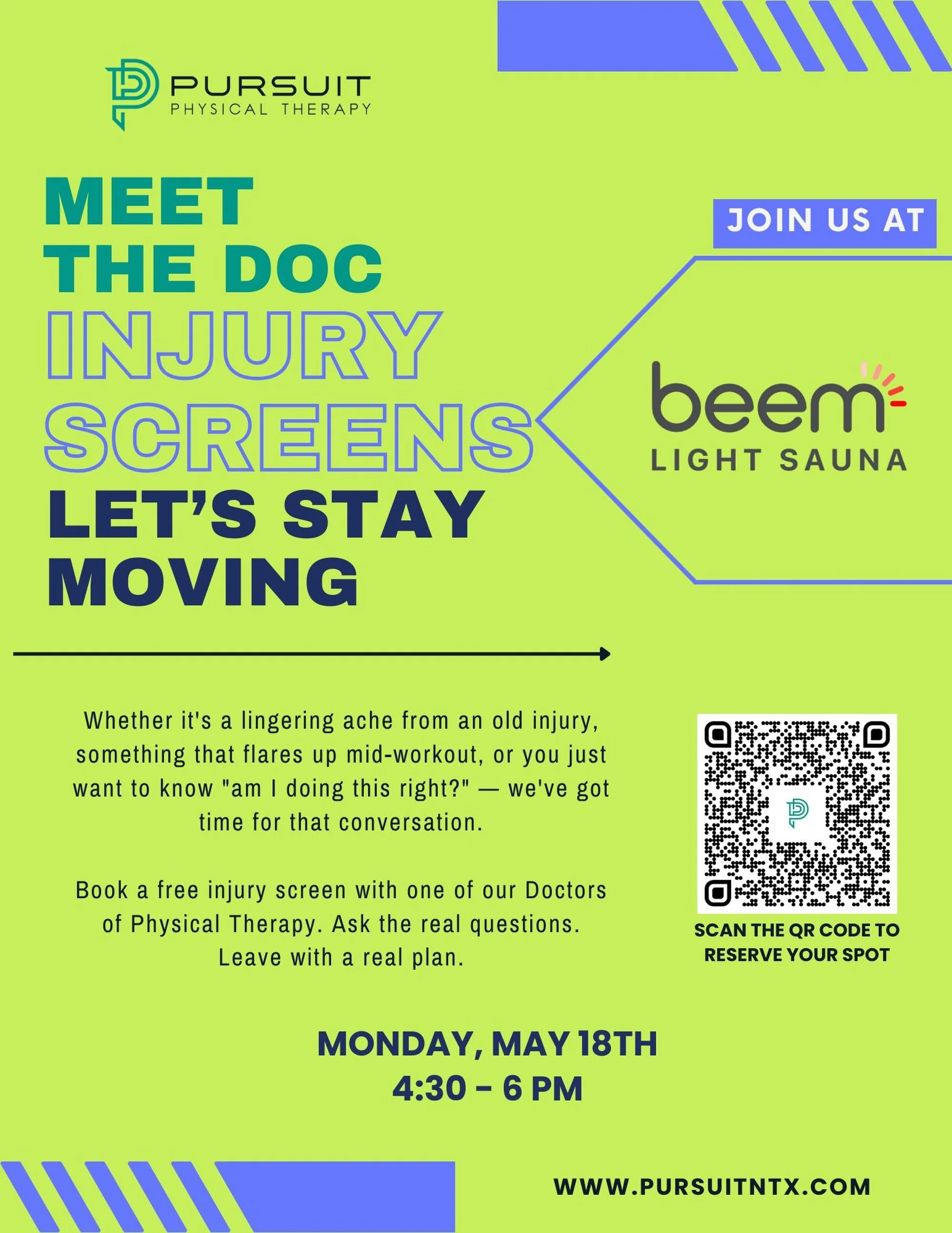 Hot take: most people are one conversation away from fixing that thing that&rsquo;s been nagging them for months.

This Monday, we&rsquo;re at @beem.highlandvillage.tx in Highland Village doing free injury screens &mdash; and it&rsquo;s the perfect p