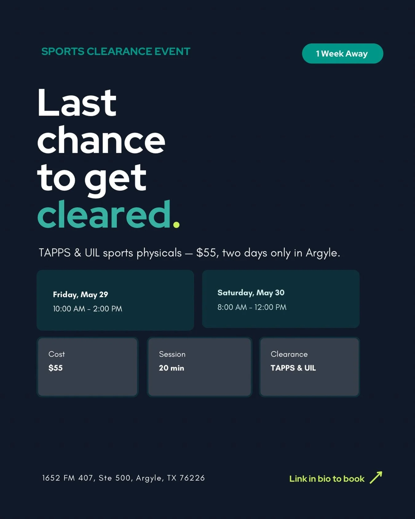 One week.
&nbsp;
If your athlete still needs their TAPPS or UIL sports physical, this is your easiest path &mdash; and one of the last chances to get it done before summer workouts and tryouts ramp up.
&nbsp;
20-minute sessions. $55. Two Doctors of P