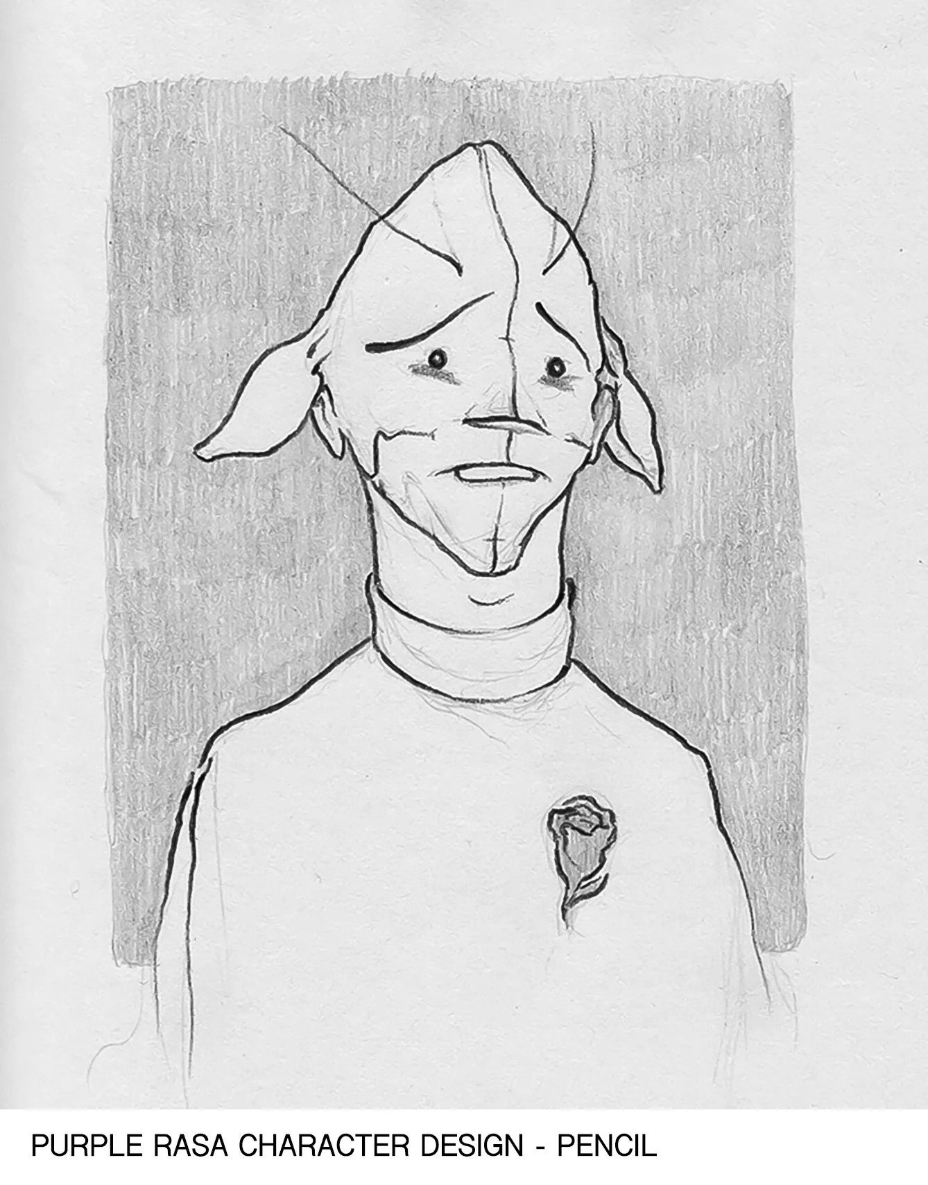 A pencil sketch of a character with pointed ears, a concerned expression, and a torn shirt, with a shaded background.