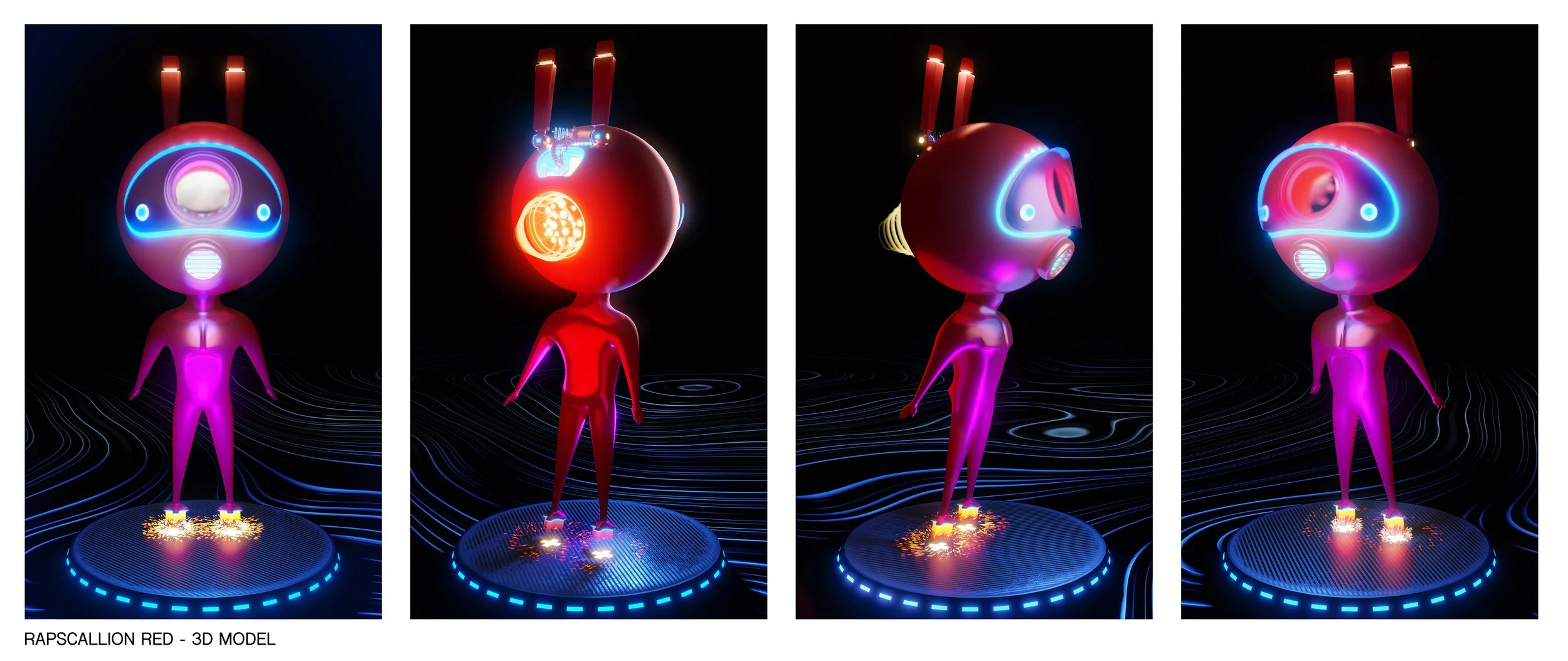 A set of four digital illustrations of a humanoid robot with a spherical head, glowing neon1 colors, antennae, and a red body, standing on a futuristic platform with a black background. The robot's head features glowing blue and pink lines, and its f