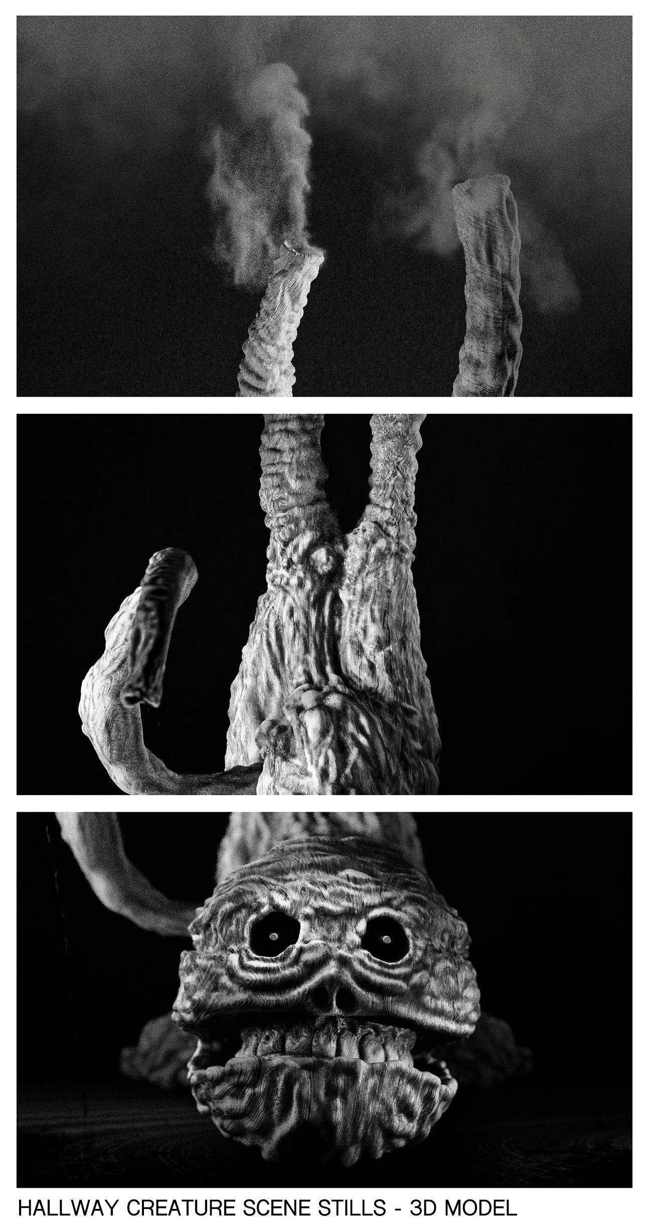 A black and white 3D model of a creature with an elongated, textured head, large dark eyes, a wide mouth filled with teeth, and a roughly textured body with a long tail and limbs. The creature is depicted in three different angles or views.
