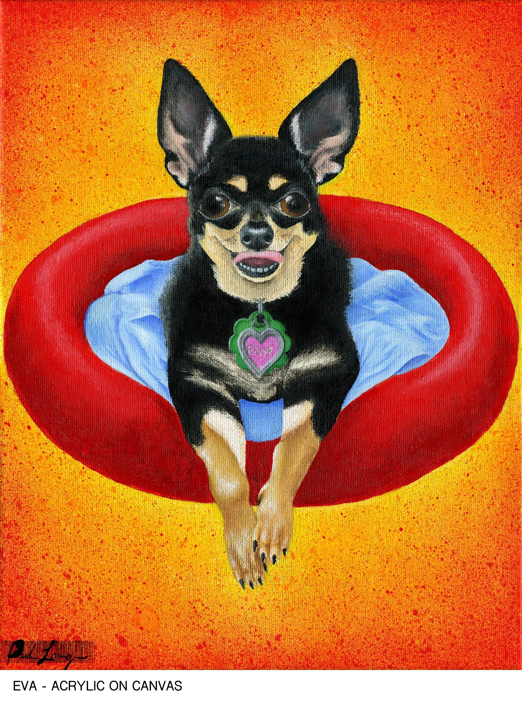 A painting of a Chihuahua dog with large ears and a pink tongue sticking out, sitting on a lap with a blue sweater. The background is orange with red speckles, and the dog wears a pink and green heart-shaped tag.