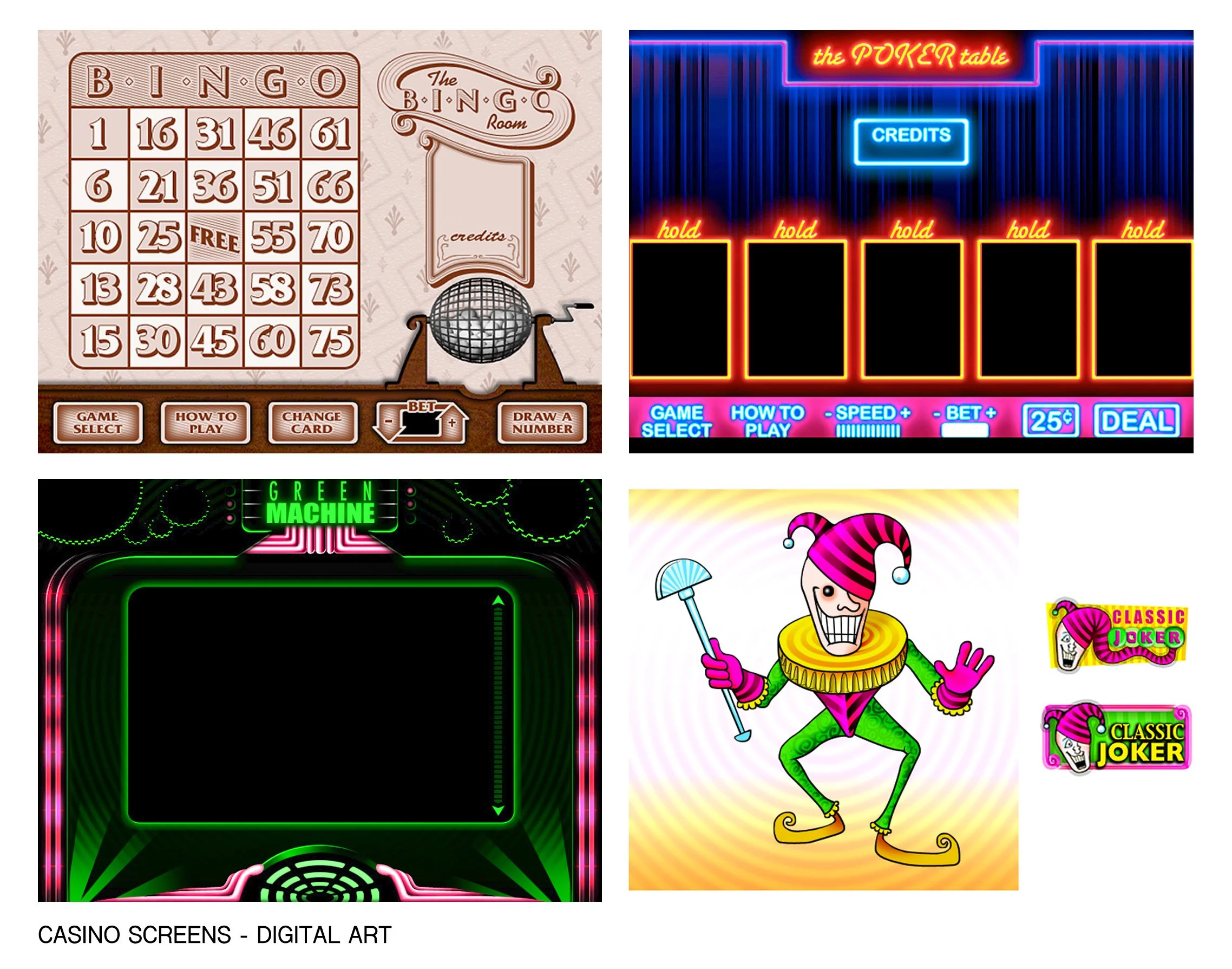 Collage of four casino-themed digital art screens, including a bingo game, a neon poker table, a green machine, and a cartoon clown character.