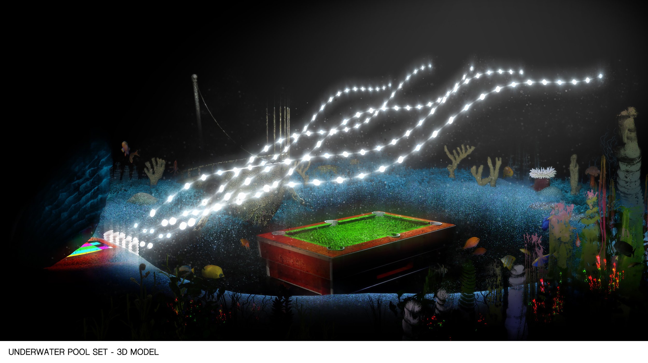 3D model of an underwater scene with bright white lights, coral formations, and miniature fish around a small, artificial underwater pool table.