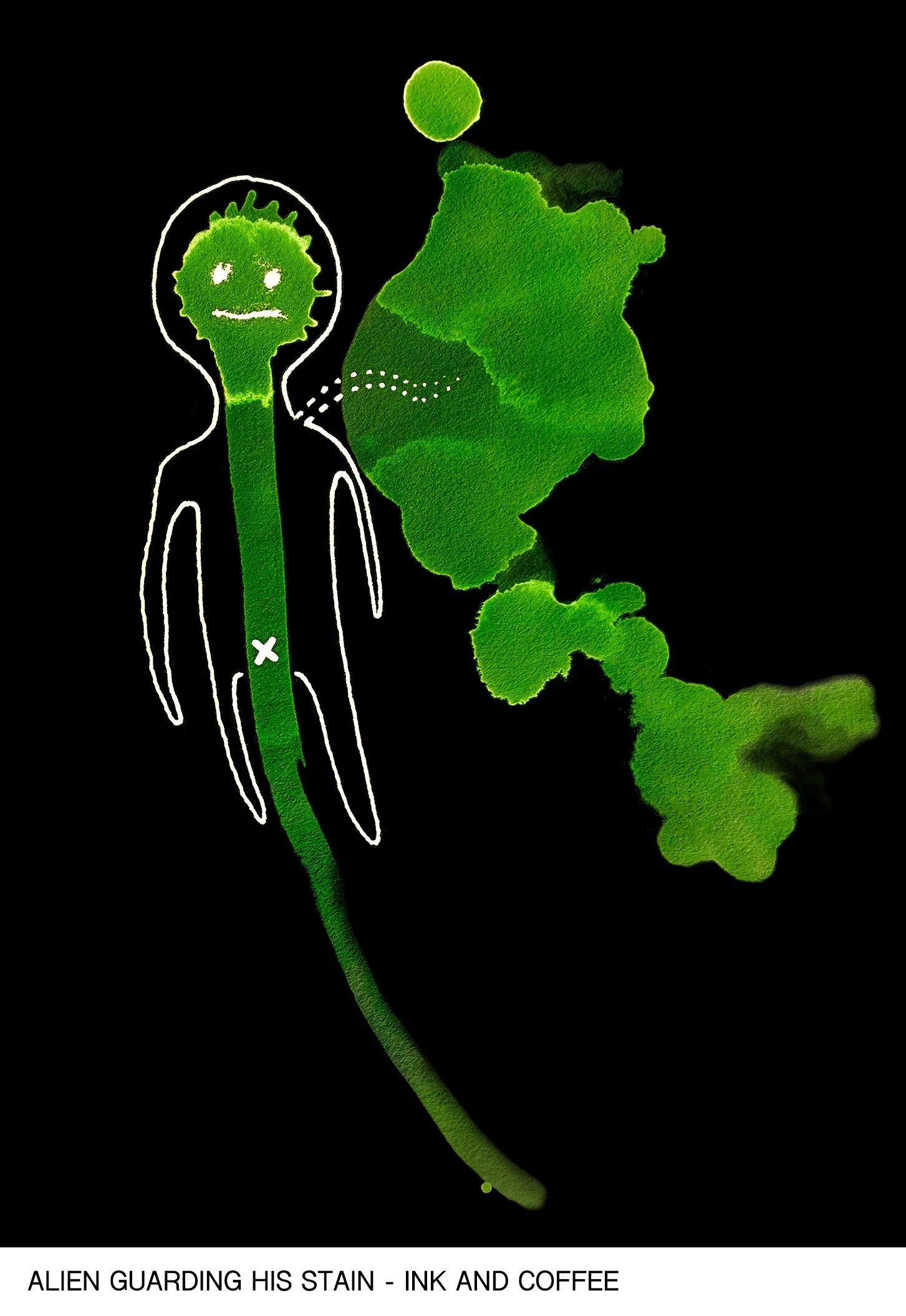 A green coffee plant with a stain of an alien face, guarding the stain from ink and coffee, which forms a sad face with spiky hair.