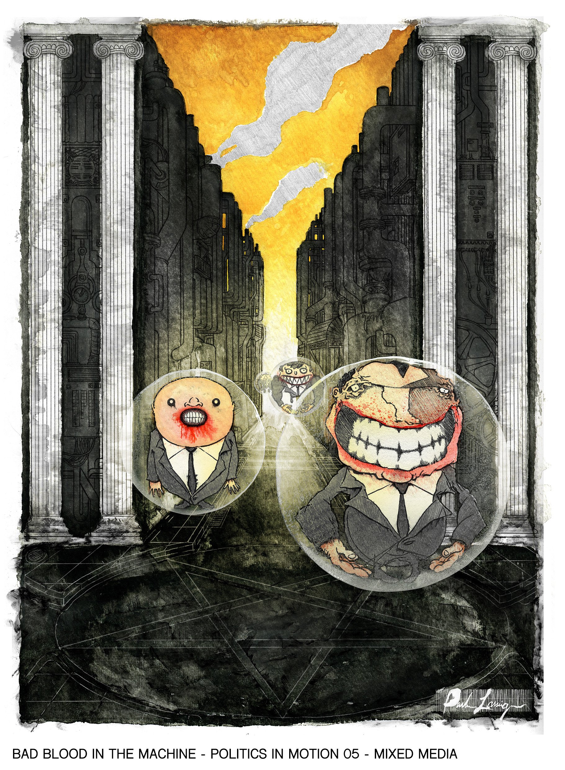 Artist rendering of a dystopian cityscape with tall, dark buildings and billowing smoke against a yellow-orange sky. In the foreground, caricatured figures with exaggerated facial features and grotesque expressions, dressed in business suits, are dep