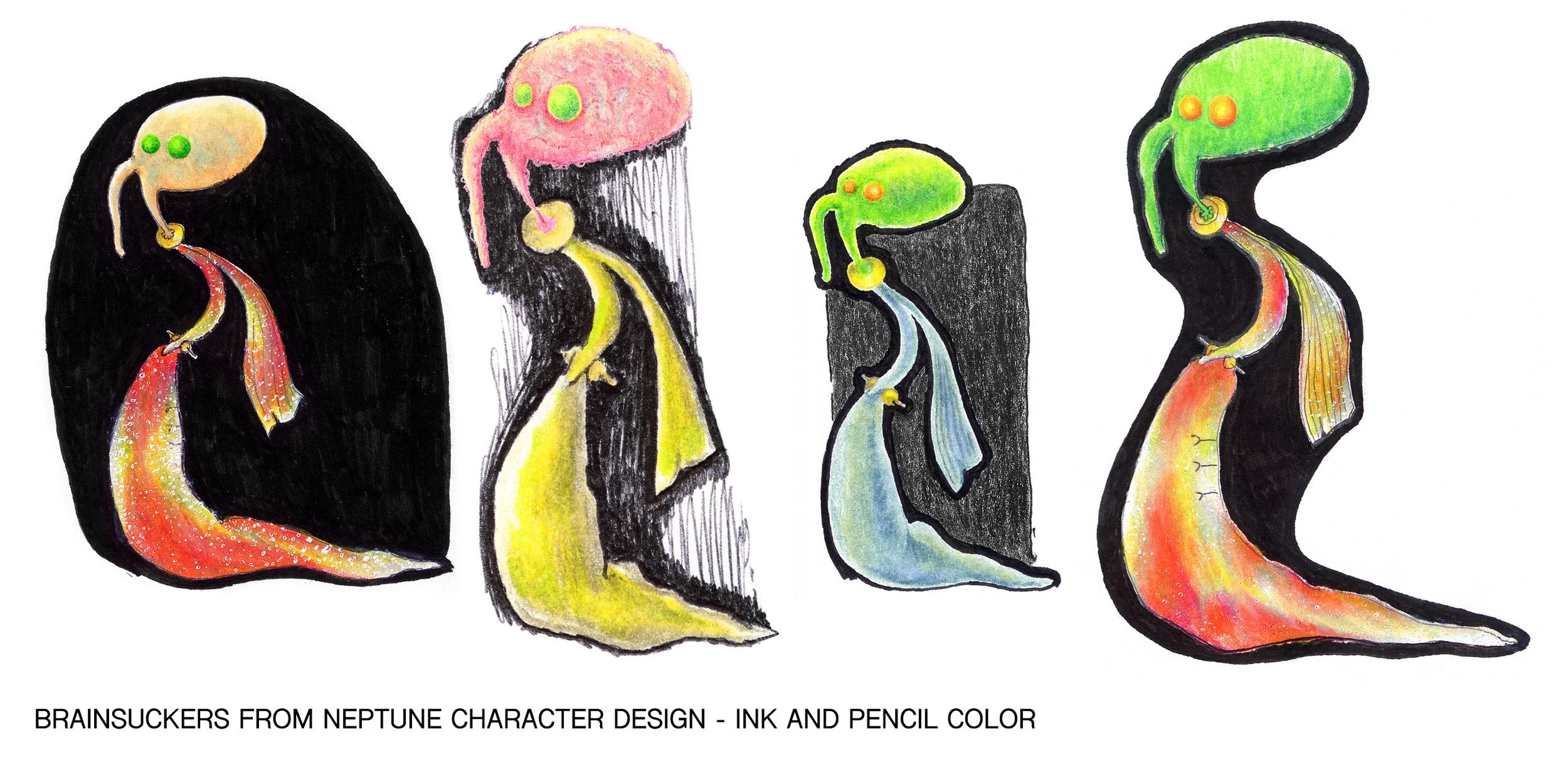 Four cartoon-style alien looking creatures with large heads, two eyes, and tentacle-like mouths, each emerging from a different colored and shaped body or shell, with a title at the bottom reading 'Brainsuckers from Neptune Character Design - Ink and