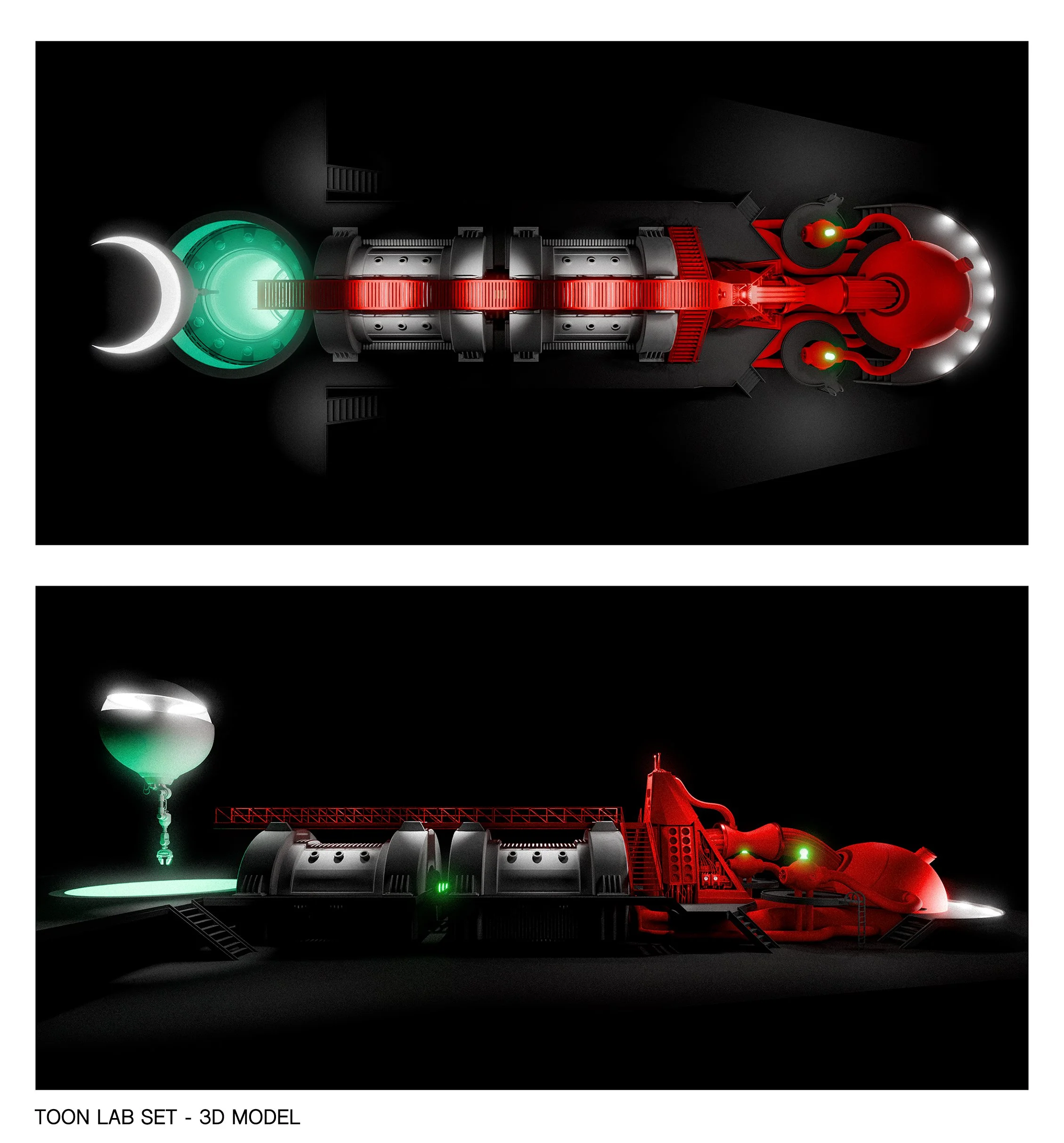 A 3D model of a futuristic laboratory with interconnected tubes, machinery, and glowing elements in red, green, and white lights. The setup has a dark background with neon accents.