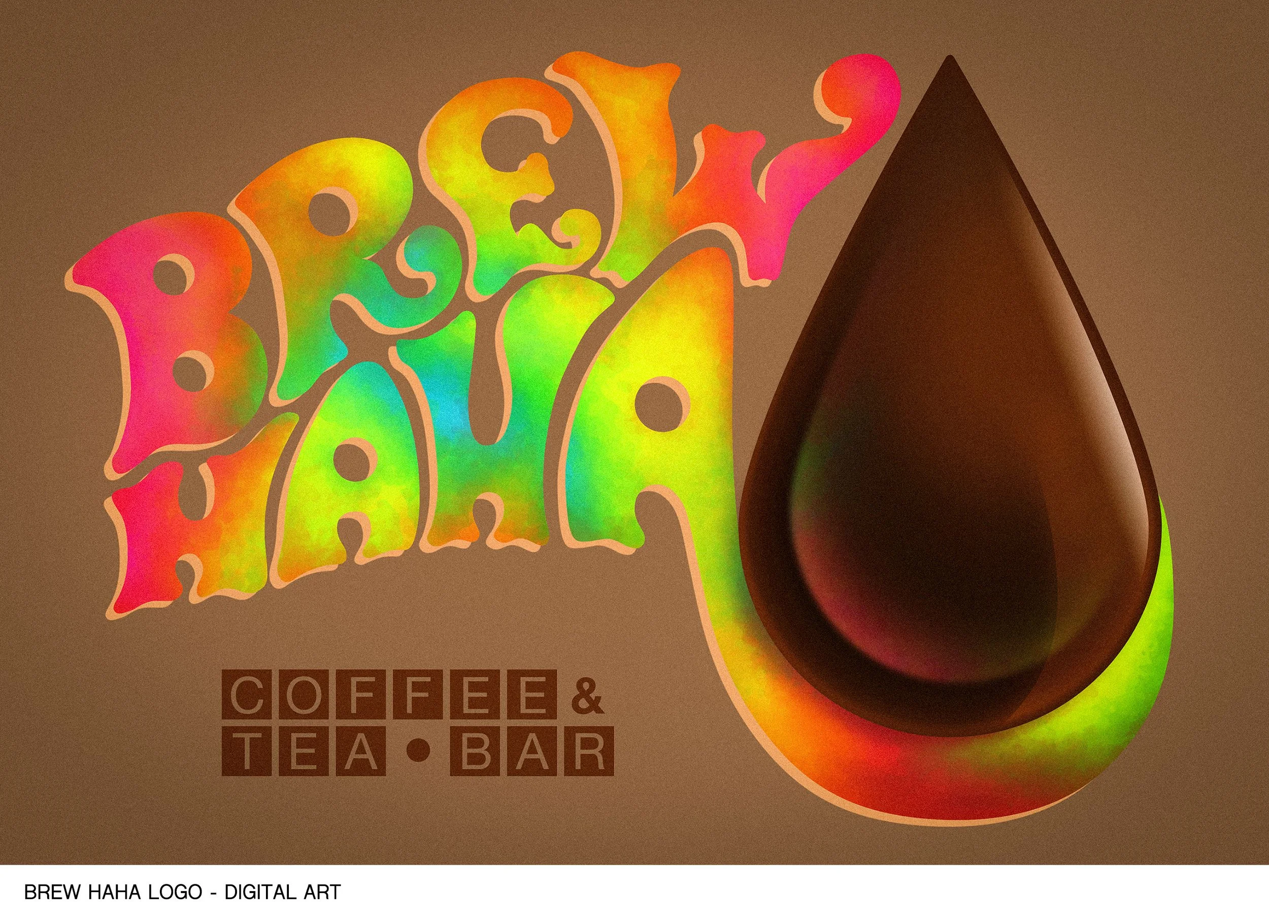 Colorful text spelling 'brew' with a rainbow gradient on a brown background, a coffee bean, and the words 'coffee', 'tea', 'bar' in a grid below.