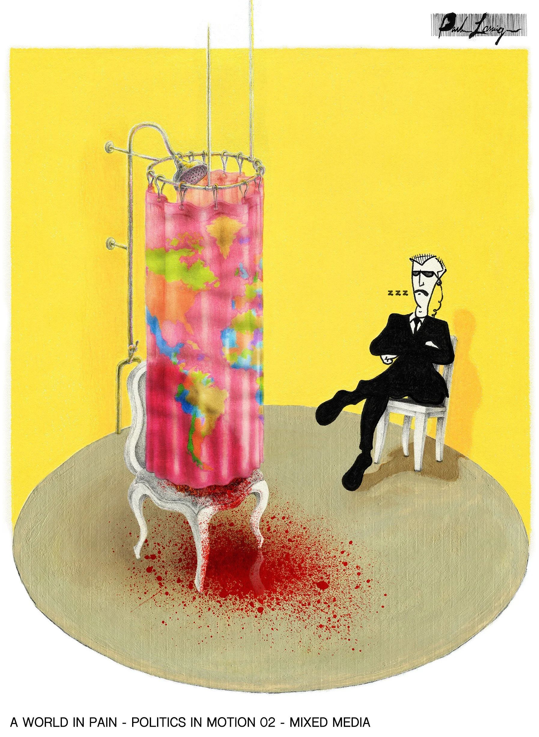 A surreal painting titled "A World in Pain" showing a world map in a blood-stained glass jar on a delicate table, with a suited man wearing sunglasses sitting nearby against yellow background, and blood pooling underneath.