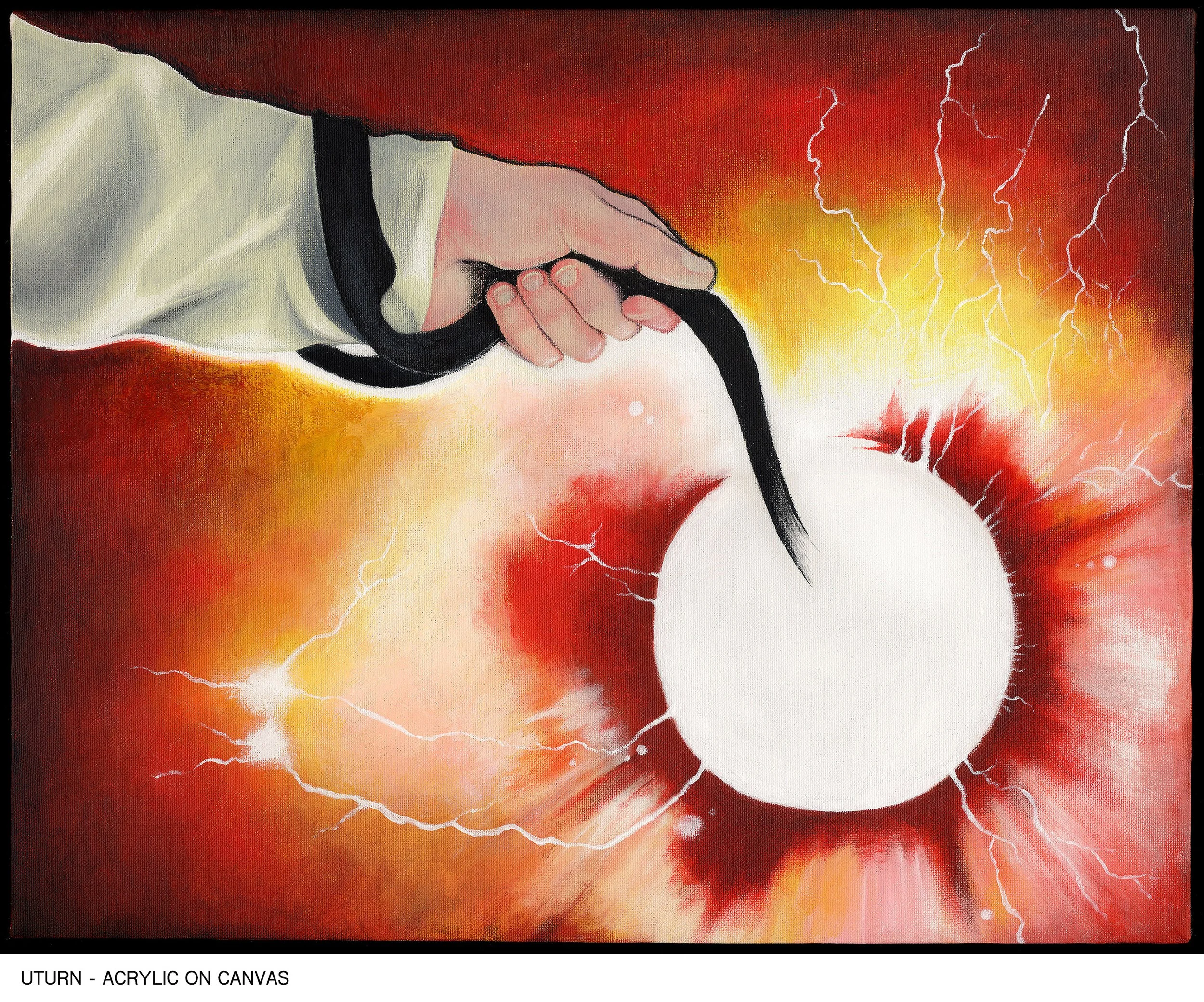 A painting of a hand holding a black hose or cord, with a background of red, yellow, and orange shades with white lightning bolts, depicting a stormy or energetic scene.