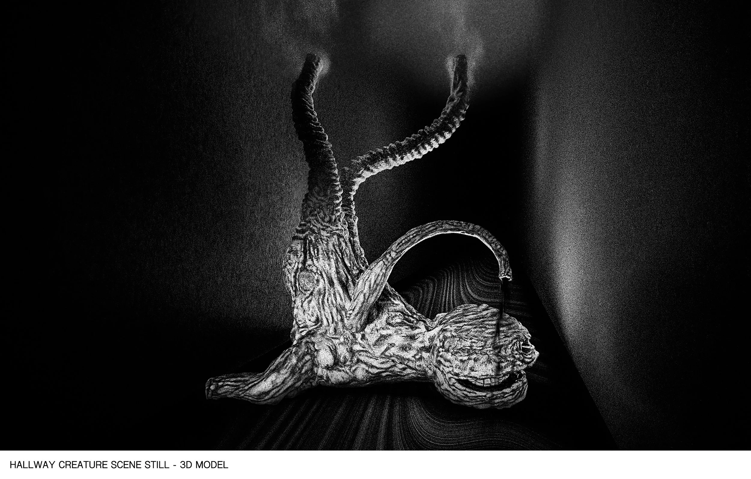 A detailed black and white 3D sculpture of a creature with a large head, an elongated neck, and an intricate body structure, set against a dark background with textured lighting.