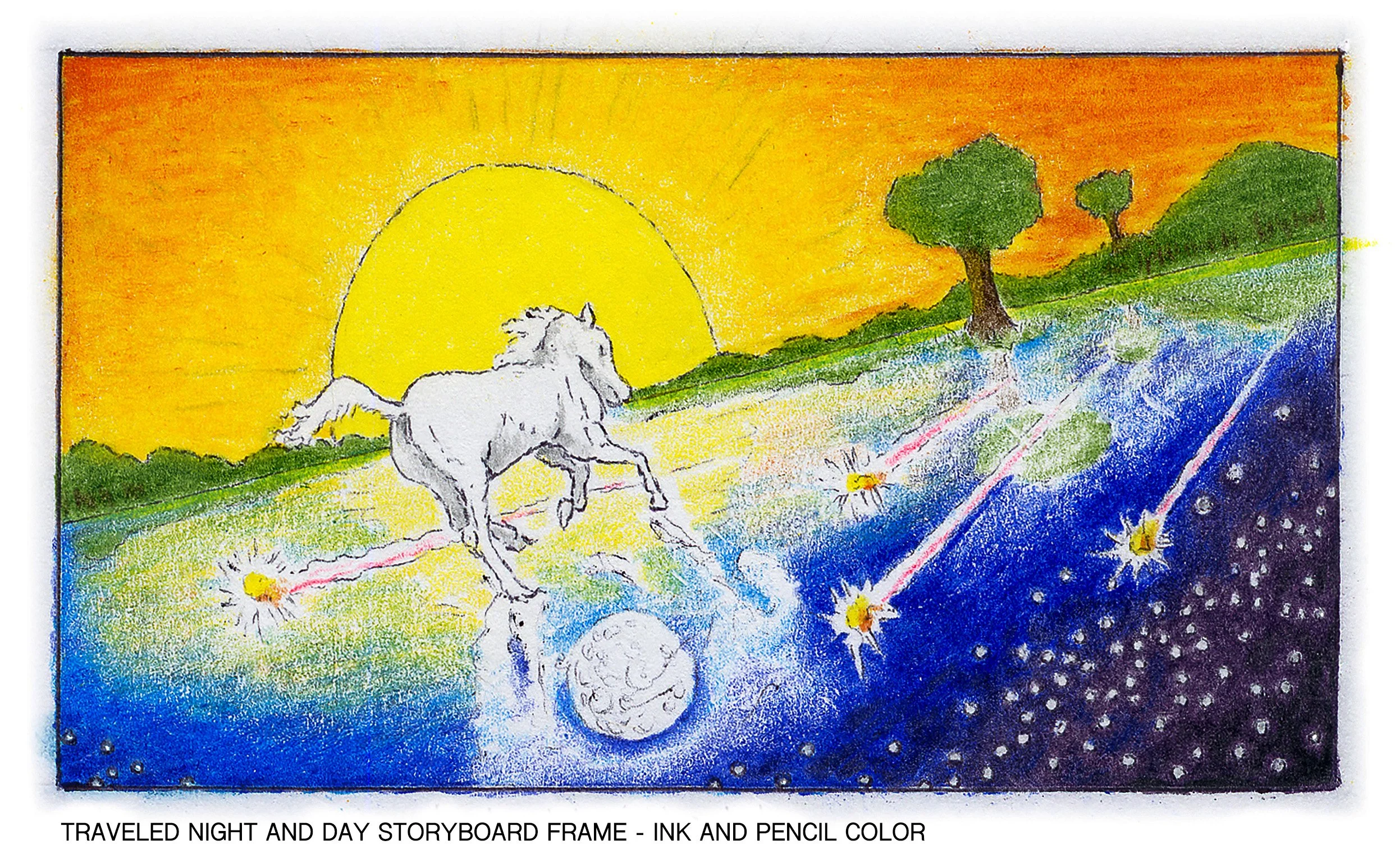 A colorful drawing of a horse running on a grassy hill at sunset, with a large yellow sun setting behind two trees, surrounded by a sky transitioning from orange to dark blue with stars and fireworks.